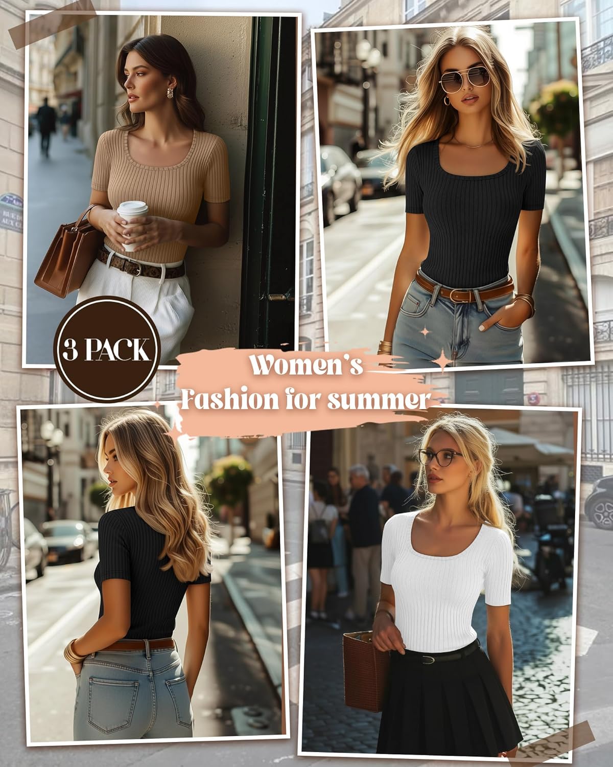 3 Pack Women's Short Sleeve Square Neck Cotton Tops Ribbed Knit Sweaters Slim Fit Basic Casual Shirts - Image 4