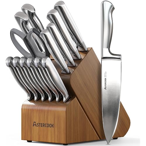 Astercook Knife Set, 15 Piece German Steel Kitchen Knife Set with Built-in Sharpener, One-Piece Knife Block Set Rust-Resistant Dishwasher Safe Block Knives Set for Cooking & Gift (Walnut Brown)