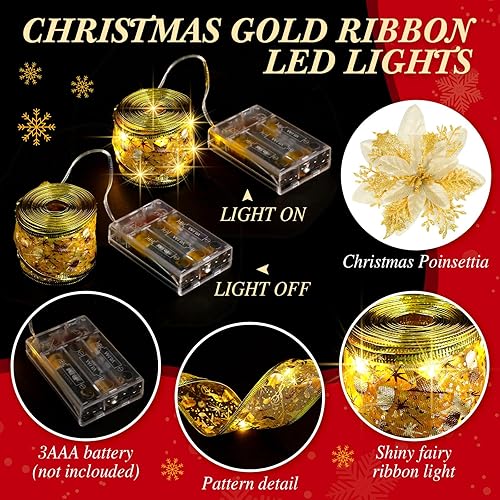 Miniatura 5 de Tigeen 30 unidades de flores de Navidad, 2 rollos de luces de cinta de Navidad de 16 pies, flores de pascua artificiales de Navidad, decoración de