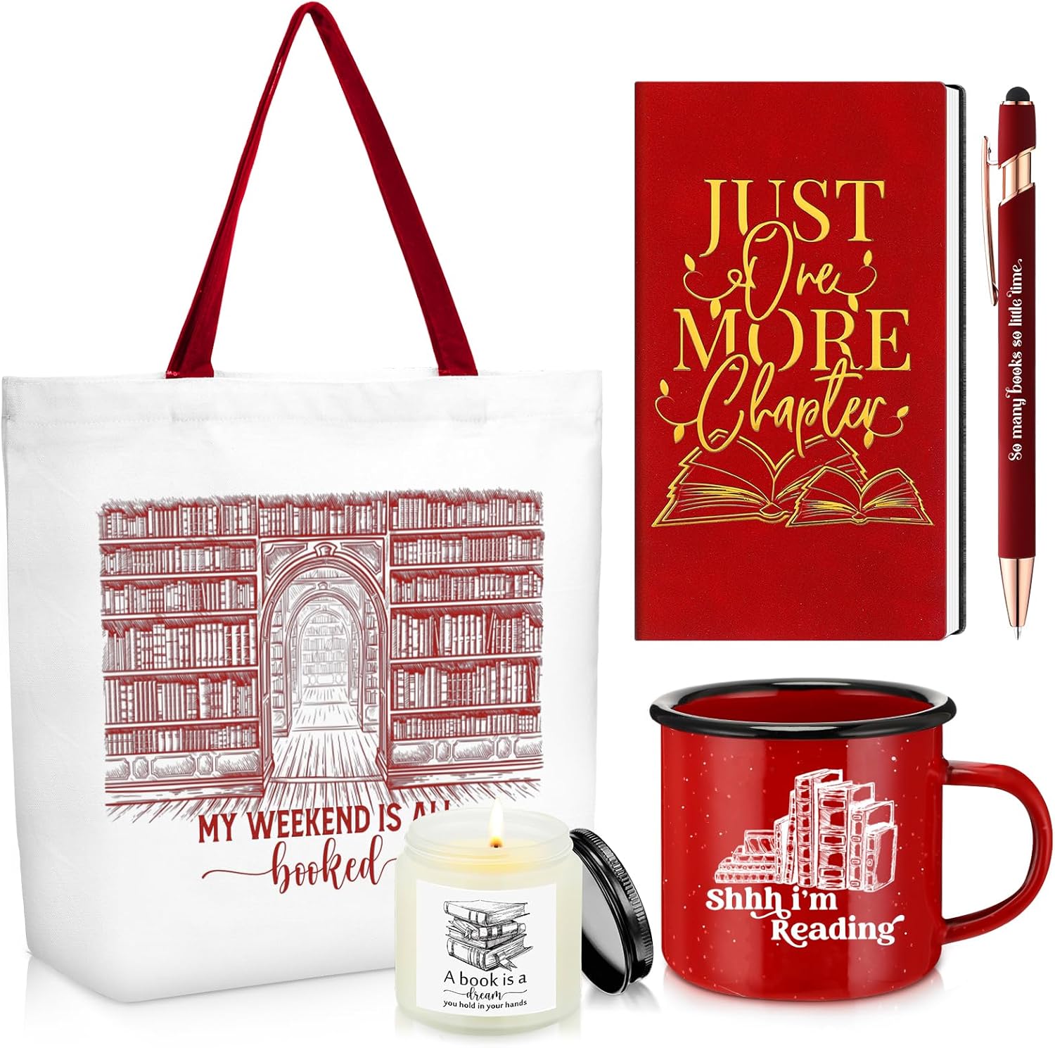 Jetec Set of 5 Book Lovers Gifts for Reader Include Canvas Tote Bag Journal Notebook with Ballpoint Pen Enamel Mug Scented Candle for Teens Librarian Bookish Author(Purple)