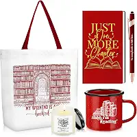 Jetec Conjunto de 5 presentes para amantes de livros de Natal para leitores, inclui sacola de lona, diário, caderno com caneta esferográfica, caneca esmaltada, vela perfumada para adolescentes