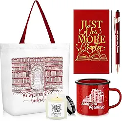 Jetec Conjunto de 5 presentes para amantes de livros de Natal para leitores, inclui sacola de lona, diário, caderno com caneta esferográfica, caneca esmaltada, vela perfumada para adolescentes