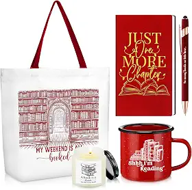 Jetec Conjunto de 5 presentes para amantes de livros de Natal para leitores, inclui sacola de lona, diário, caderno com caneta esferográfica, caneca esmaltada, vela perfumada para adolescentes