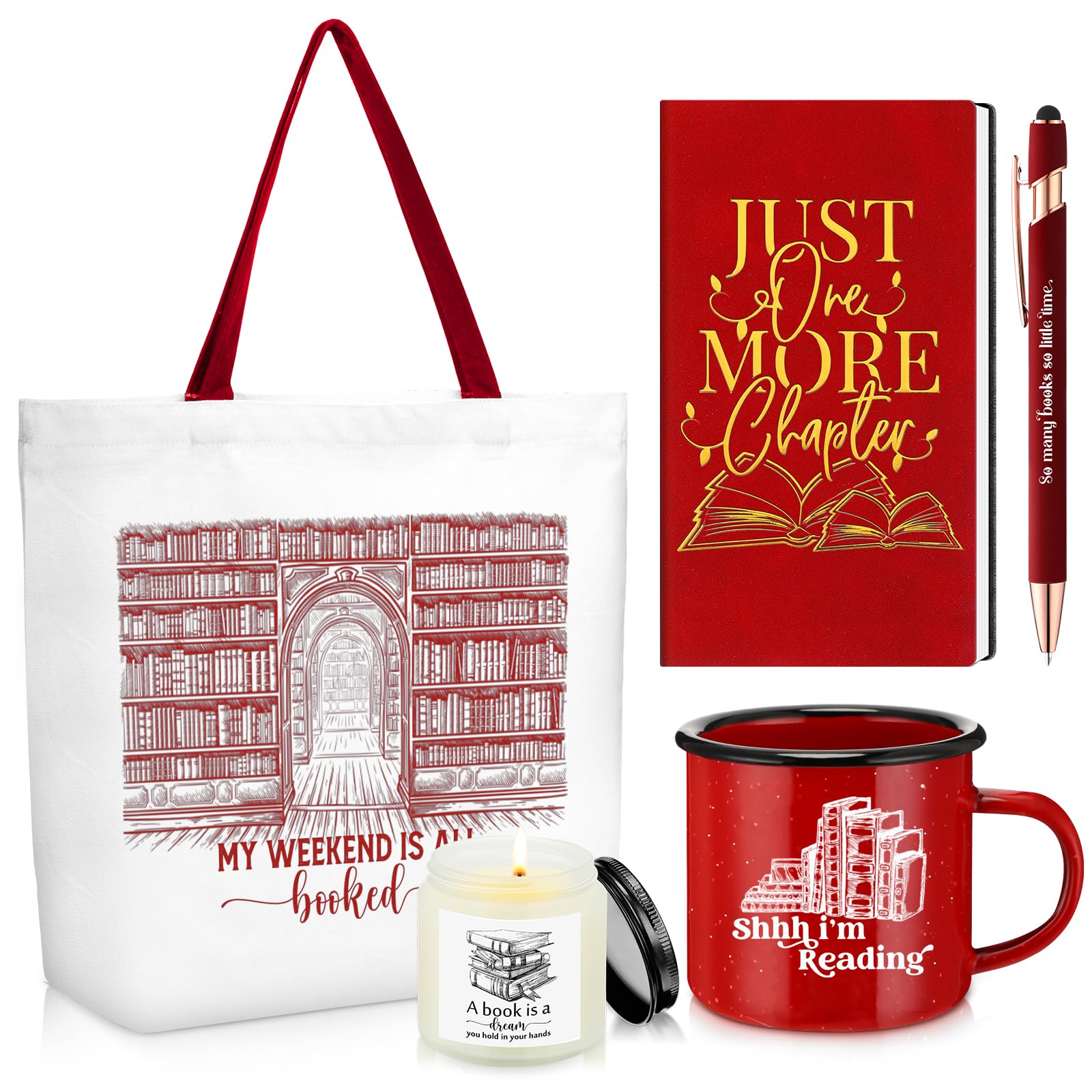 Jetec Set of 5 Book Lovers Gifts for Reader Include Canvas Tote Bag Journal Notebook with Ballpoint Pen Enamel Mug Scented Candle for Valentines Day