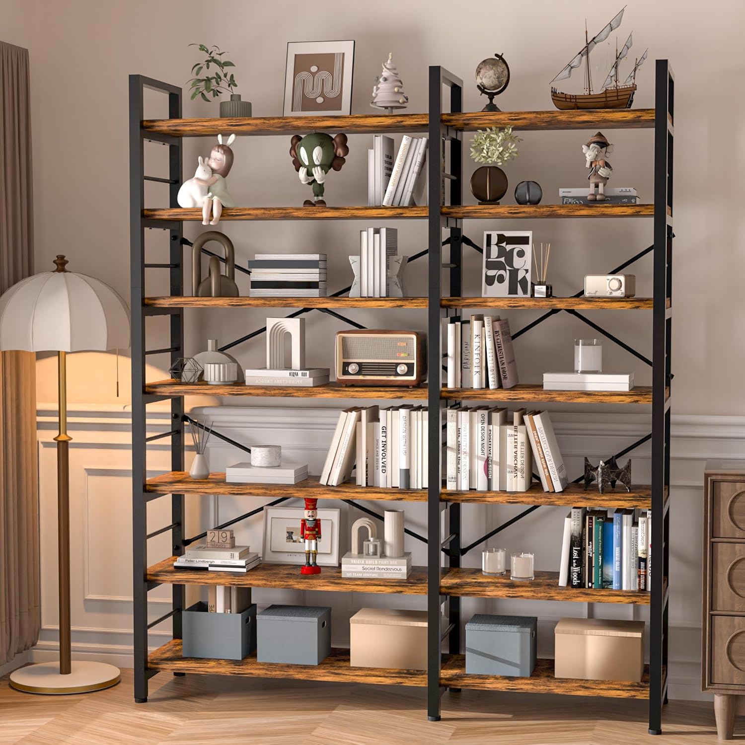 7-Tier Corner Bookshelf, Reversible Wooden Shelves, Industrial Bookcase with Open Shelves and Sturdy Metal Frame, Display Shelf Storage Rack for Living Room, Bedroom, Home Office (Rustic Brown)