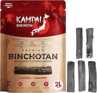 Kampai Carbón Activo Agua | Filtro hasta 4.5L / Bastón | Binchotan Natural | Purificador Vegetal Bio Jarra filtrante - 6 Meses de Purificación Agua del Grifo Botella de Vidrio Canguro (5 Bastones x 2L