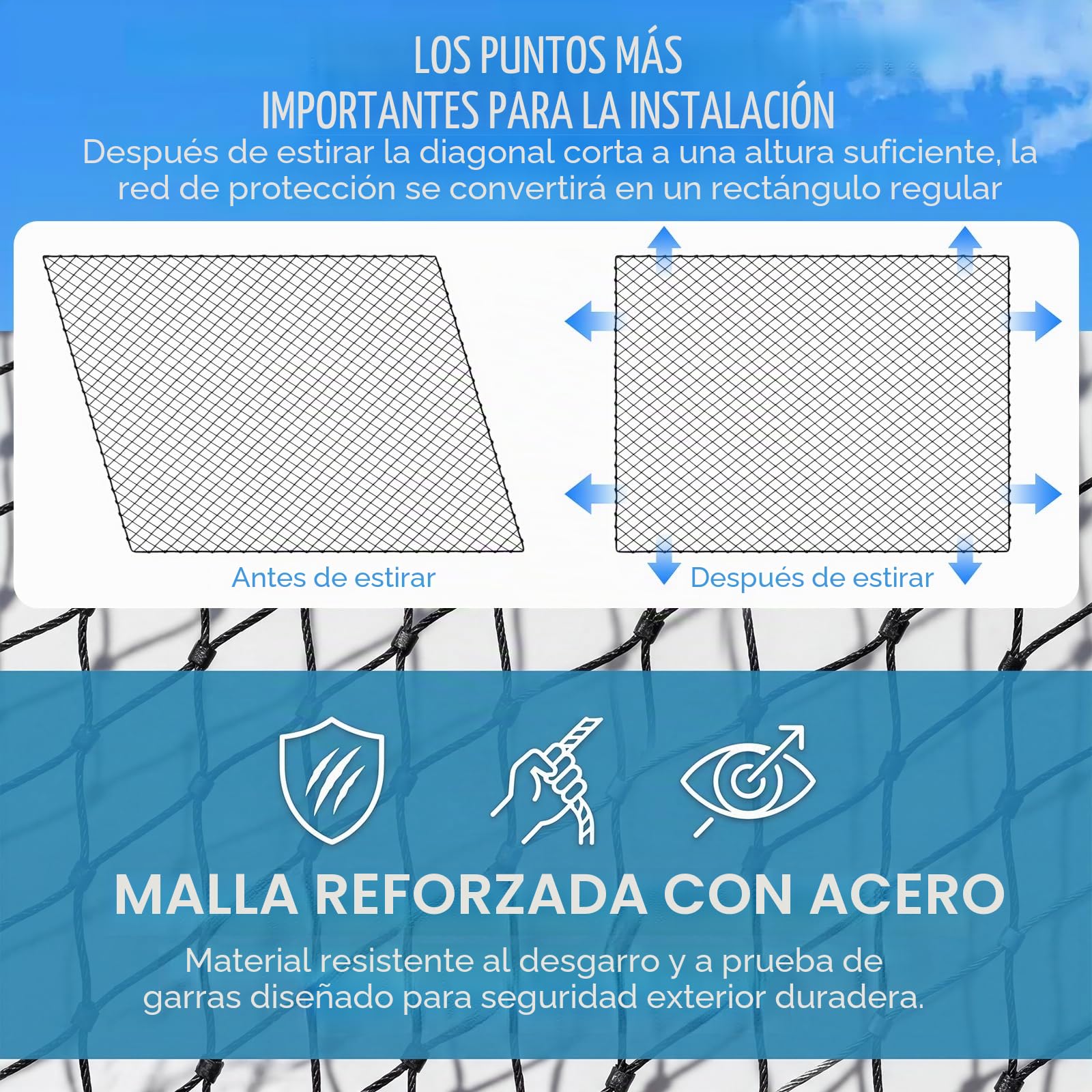 Red para Gatos de Balcón 3x2 m, Red de Seguridad para Gatos Reforzada con Alambre sin Taladrar, Red Protectora Negra para Balcón y Ventana, Resistente a Mordidas y Desgarros