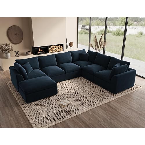 ohllob Oversized Cloud Couches for Living Room, Boneless Sectional Couch with Ottoman, 7 Seater Large Modular Sectional Sofa, Dark Blue