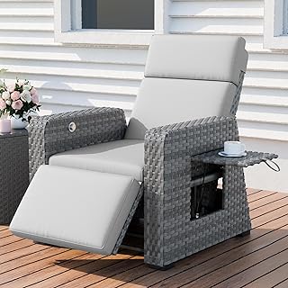 Outdoor Recliner Patio Chair, All-Weather Wicker Furniture Reclining with Air Pump, 150° Lay-Flat Position, Extended Footrest, Flip-Up Side Table, Removable Gray Olefin Cushions