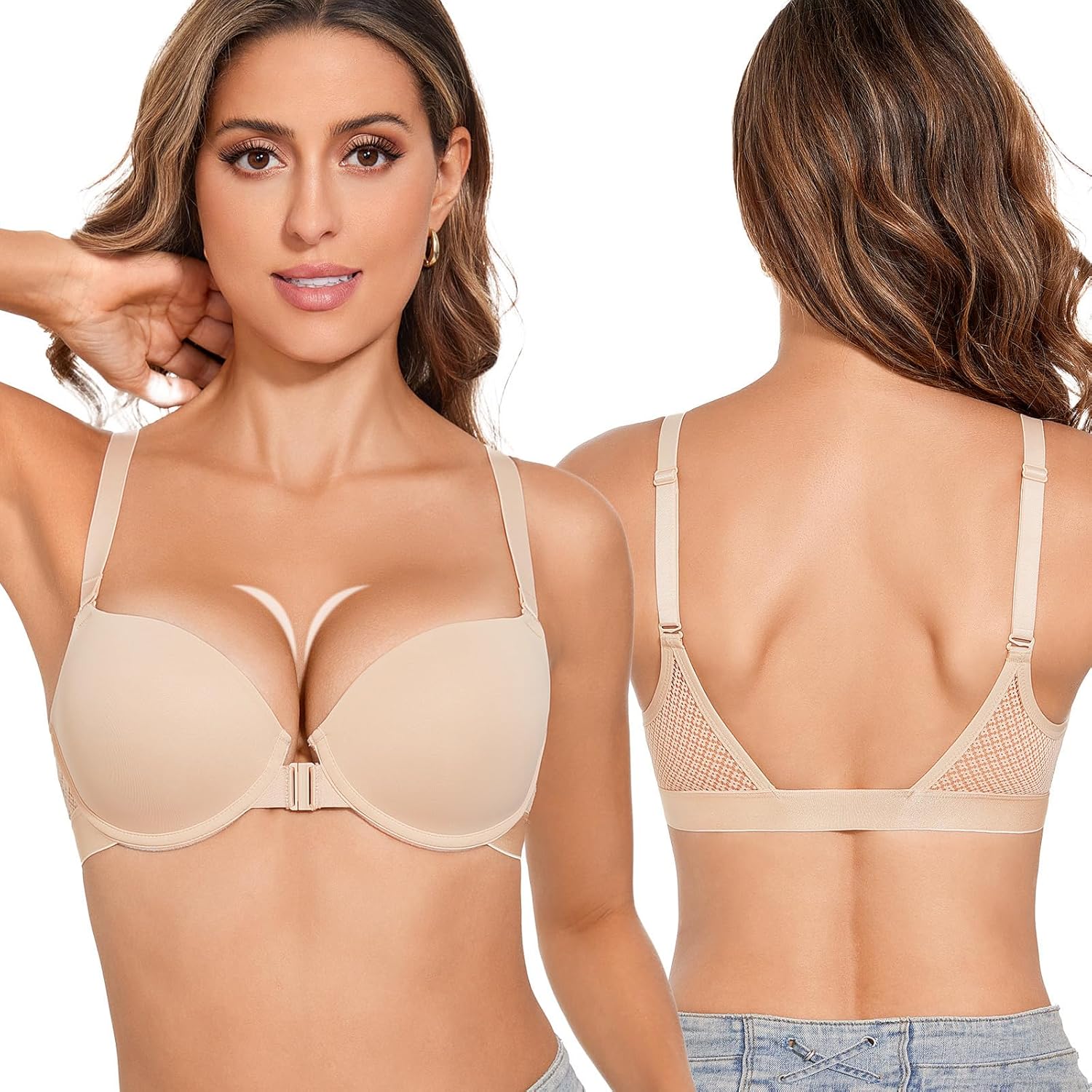 Upushall Push Up Front Closure Bras for Women Padded Add 2 Cups Plunge T-Shirt Everyday Bra Underwire Beige 38C