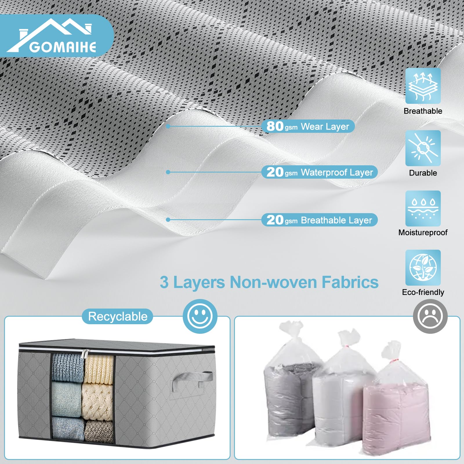 GoMaihe Sac de Rangement Vetement 90L: Boîte de Rangement Couette Organisateur de Placard, Déménagement Bac de Rangement |Fenêtre Transparente | Pliable | Poignée Renforcée, 6 Pièces Gris