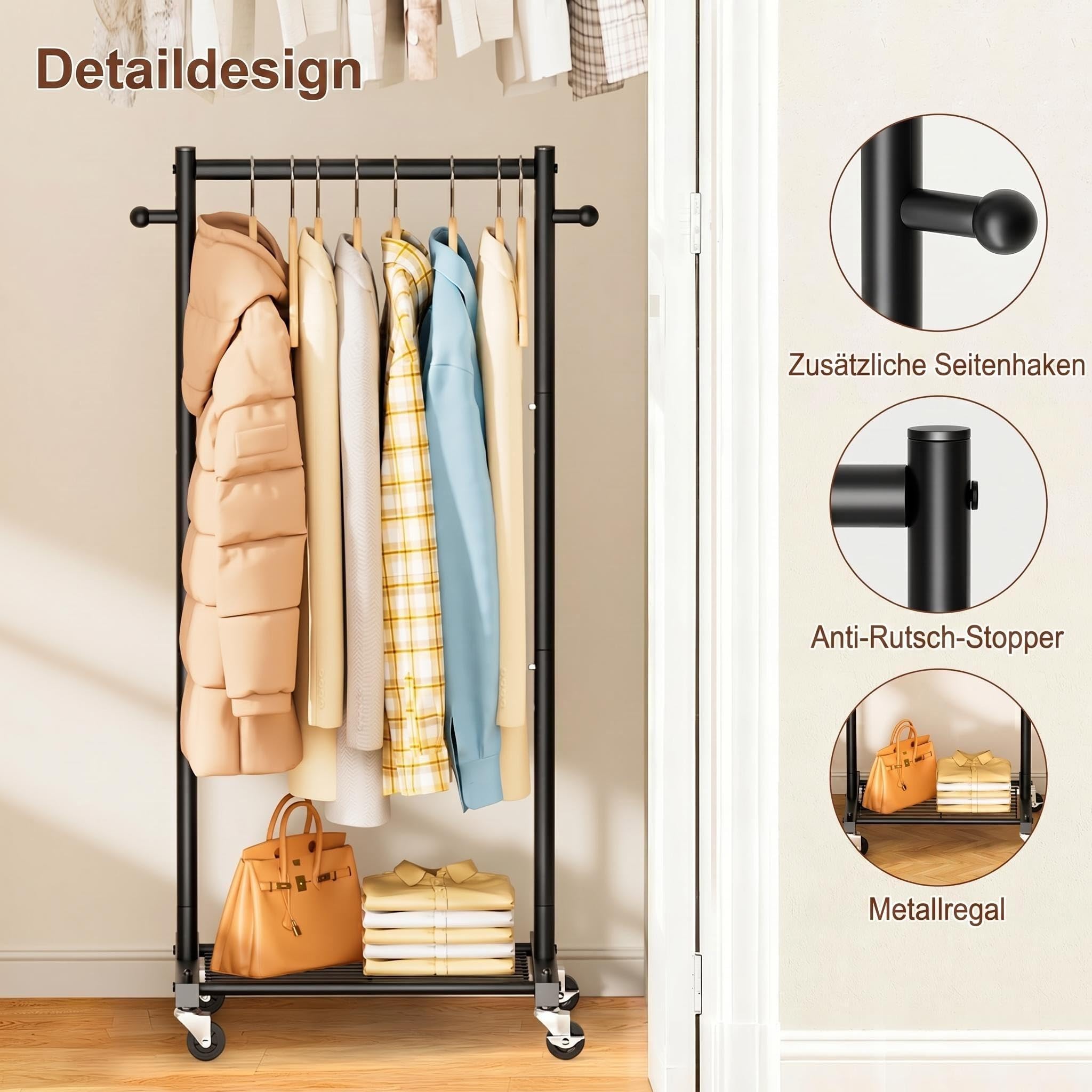 MISSLO Perchero Pequeño sobre Ruedas, Percha de Ropa de 114 cm de Ancho con Estantes, Perchero de Metal Estable para Espacios Pequeños, Armario, Guardarropa, para Adultos y Niños, Negro