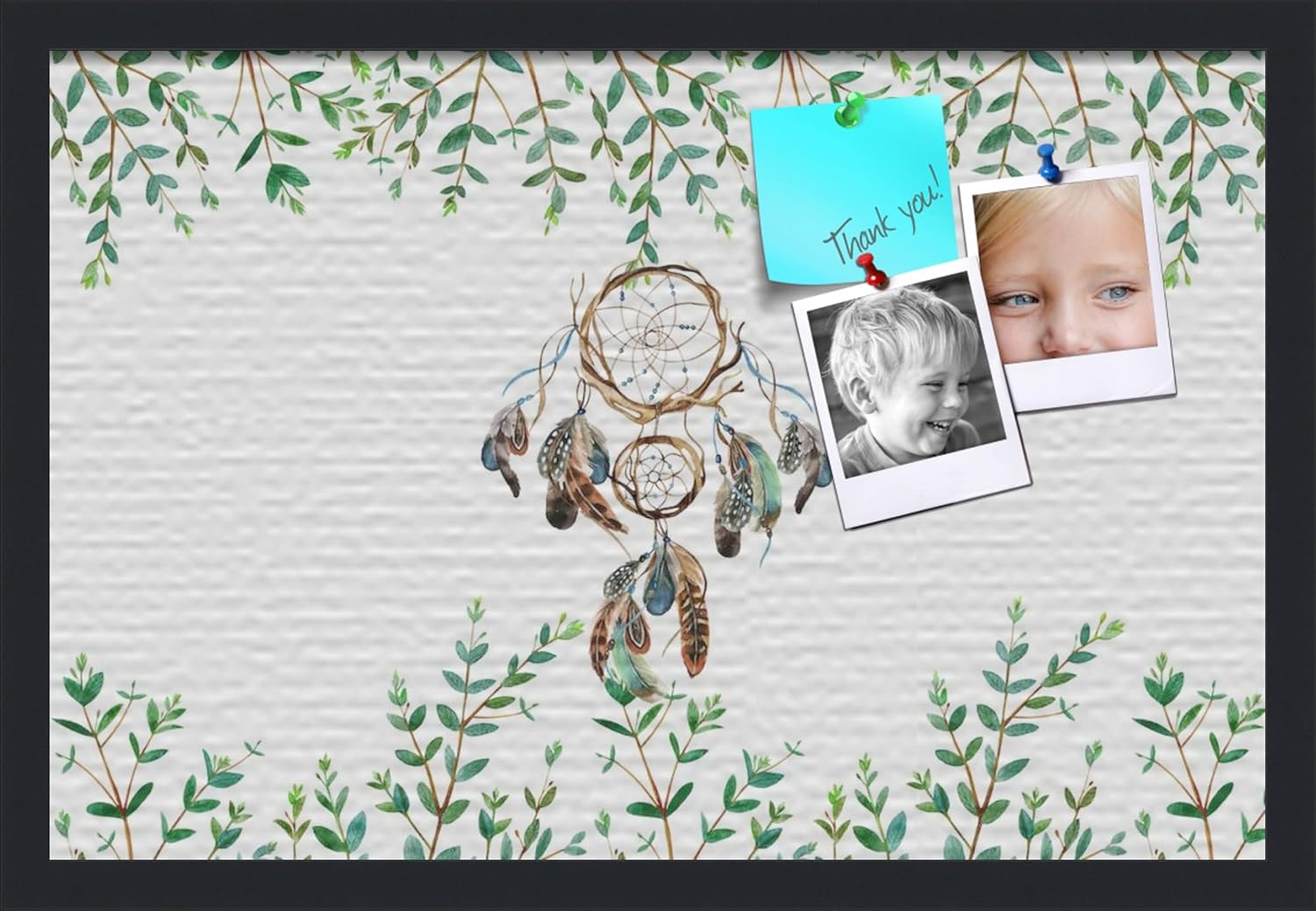 PinPix Custom Printed pin Cork Bulletin Board Made from Canvas, Dreamcatcher 24x16 Inches (Completed Size) and Framed in Satin Black (PinPix-Group-55)