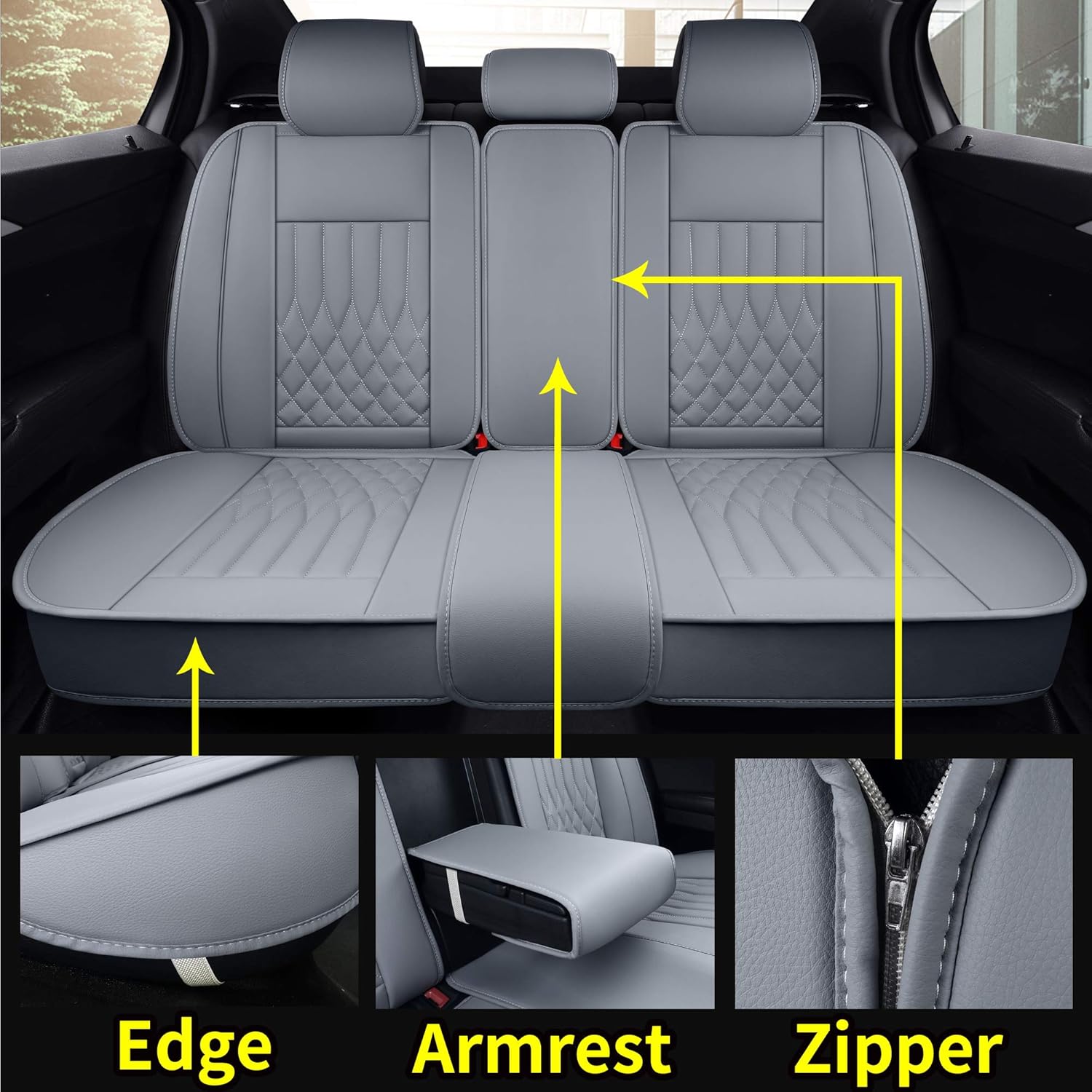 Aierxuan Rear Car Seat Covers Universal Fit for Honda Civic Accord CRV, Toyota Camry Prius Rav4 Corolla, Kia, Lexus, Nissan, Mazda, Jeep Cherokee and Most Cars, with Waterproof Leather (Grey)