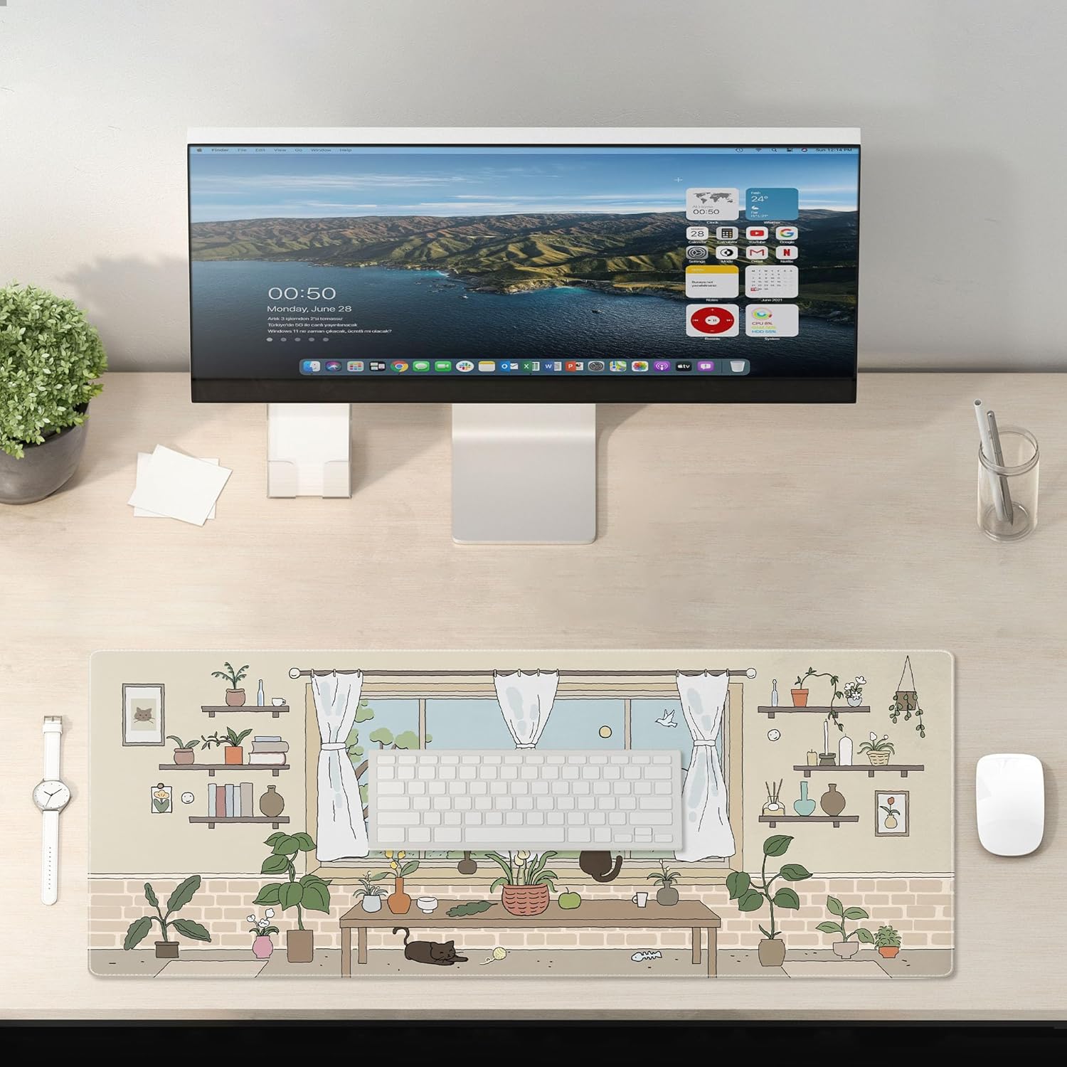 Kawaii Cat Mouse Pad Large Desk Mat Extended Keyboard Mouse Pad Cute Mousepad with Non-Slip Base and Stitched Edge Cat Mouse Mat Desk Pad 31.5 x 11.8 in Mouse Pads for Desk Decor Home Office Gaming - Image 6