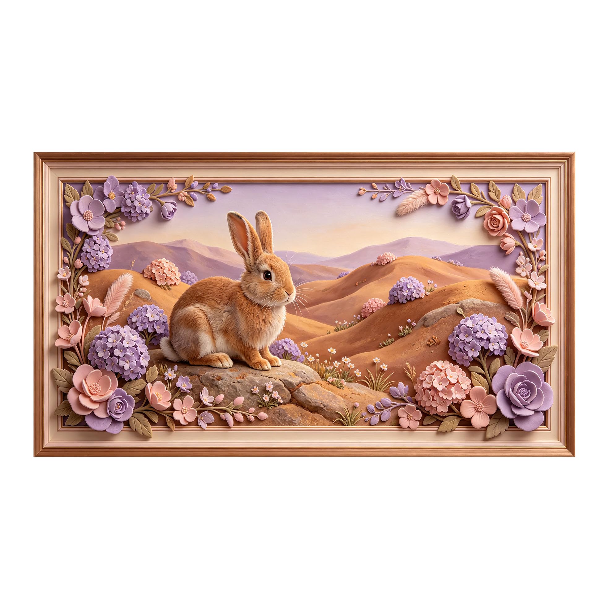 Yzpallescene 3D 3D Framed Wall Art 50cm×90cm Pastoral Rabbit Meadow Floral Oil Painting Large Size SelfAdhesive Removable Wall Decor Prints Artwork for Living Room Bedroom Office