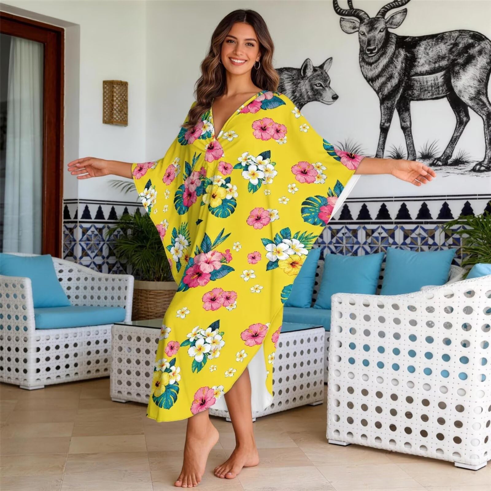 Poceacles Tropikalna sukienka kaftan z kwiatowym nadrukiem dla kobiet plus size strój kąpielowy okrycie letnie okrycie plażowe hawajska sukienka