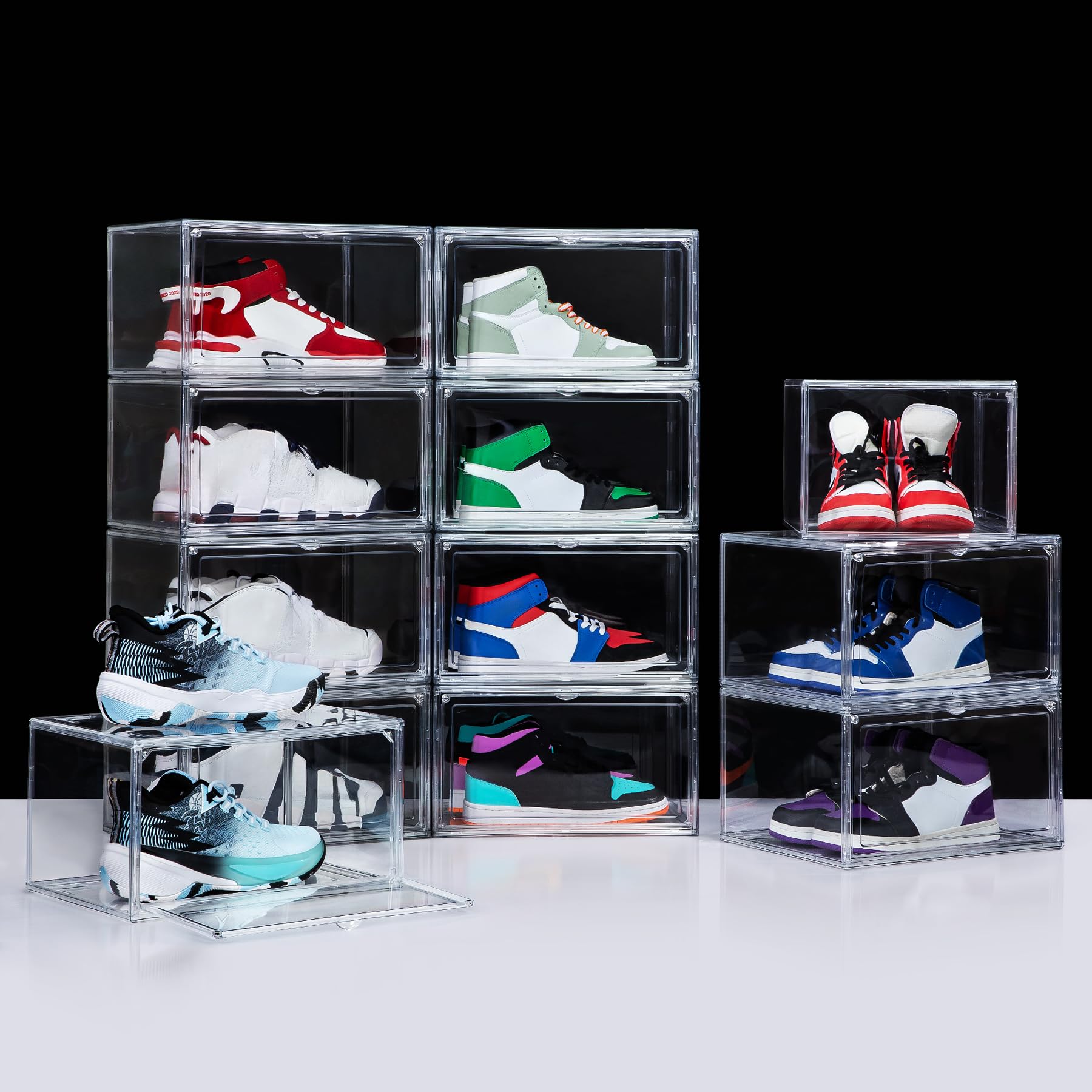 NYZE 12 Pack Acrylic Shoe Boxes Side Open, Clear Shoe Box Plastic Stackable, Shoe Storage Organizer with Magnetic Door, Shoe Display Shoe Containers