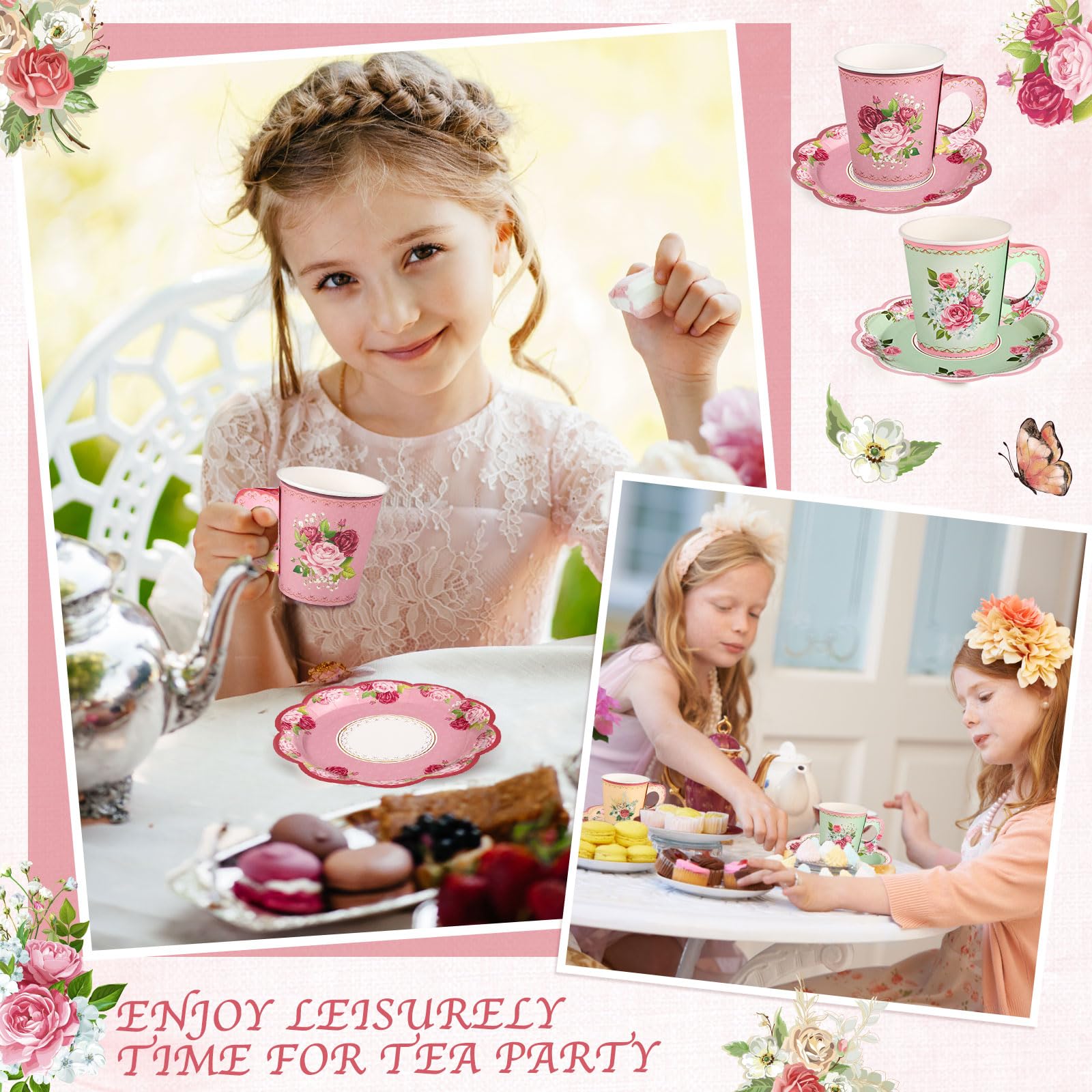 NatNarr Lot de 48 tasses jetables vintage à motif floral 200 ml | Avec poignée et assiettes, tasses à thé et soucoupes pour bébé, fête prénuptiale, mariage, anniversaire (style vintage)
