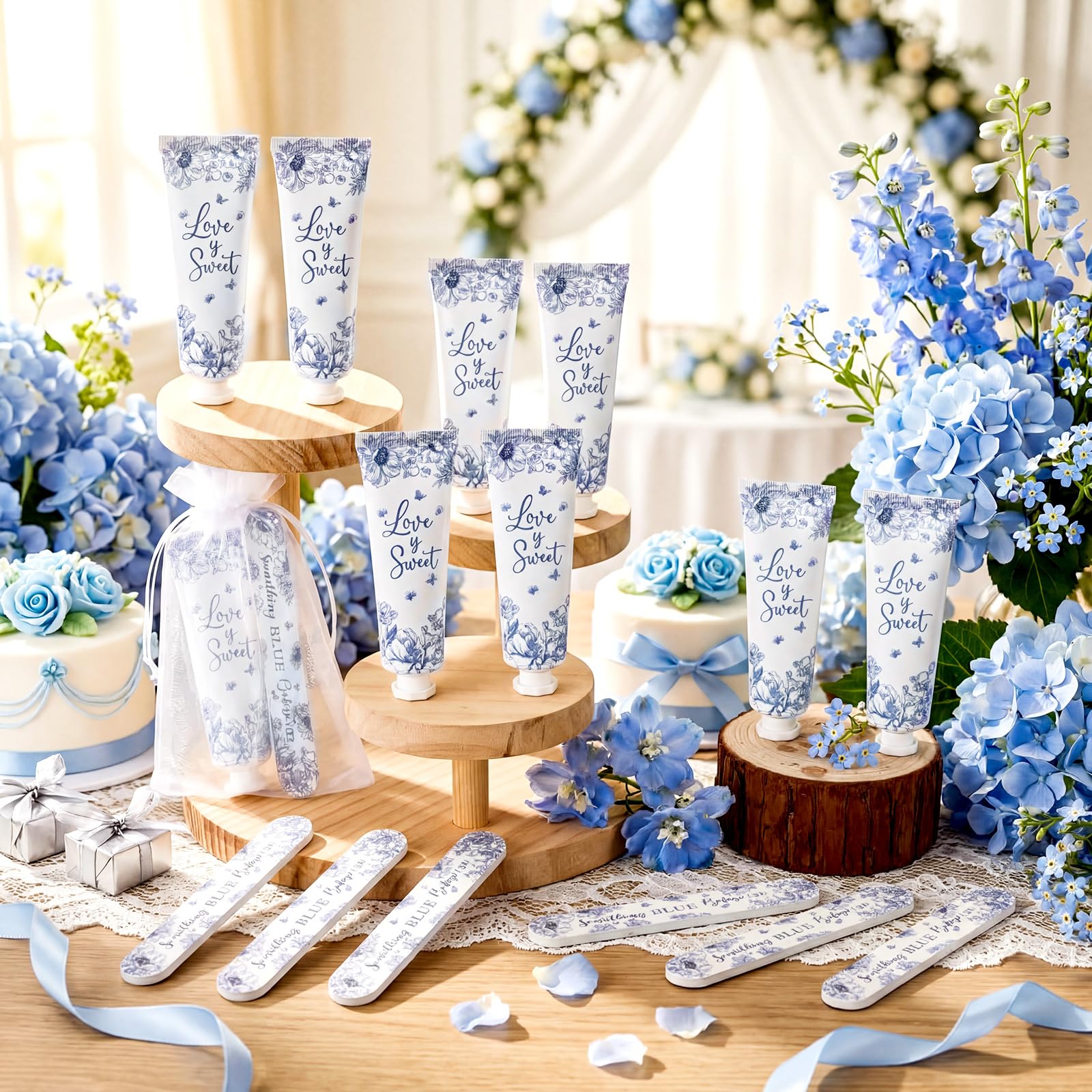 Landhoow 24 Sets Something Blue Before I Do, Brautparty, Handcreme, Nagelfeile, Geschenk, Großpackung, Blau, Blumenmuster, Hochzeitsgeschenke für Gäste, Reisegröße, Dankeschön, Geschenk, Brautparty