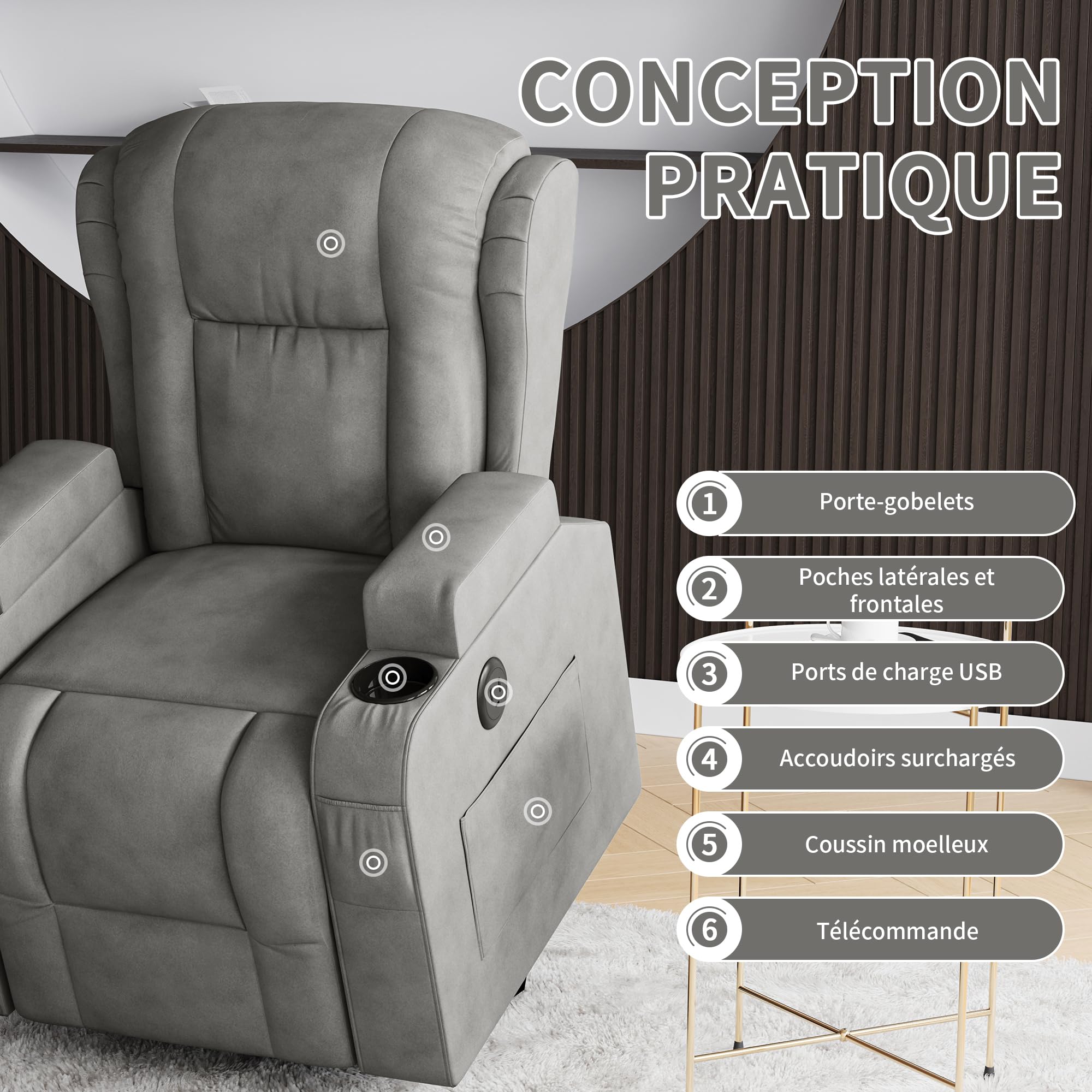 Fauteuil Releveur Électrique,8 Points de Massage Vibrants,Fonction de Chauffage et Chargement USB,Fauteuil Relax Electrique avec Dossier Inclinable 160° et Porte-Gobelet, Gris