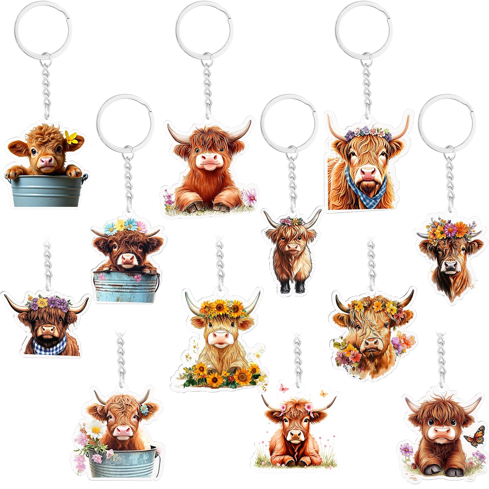 Wincredulous Highland Cow Keychains, 12 Pieces Multipack Acrylic Party Favor Keychain with Round Keyrings, Multicolor Highland Cow Charms for Women Student Christmas Birthday Gift
