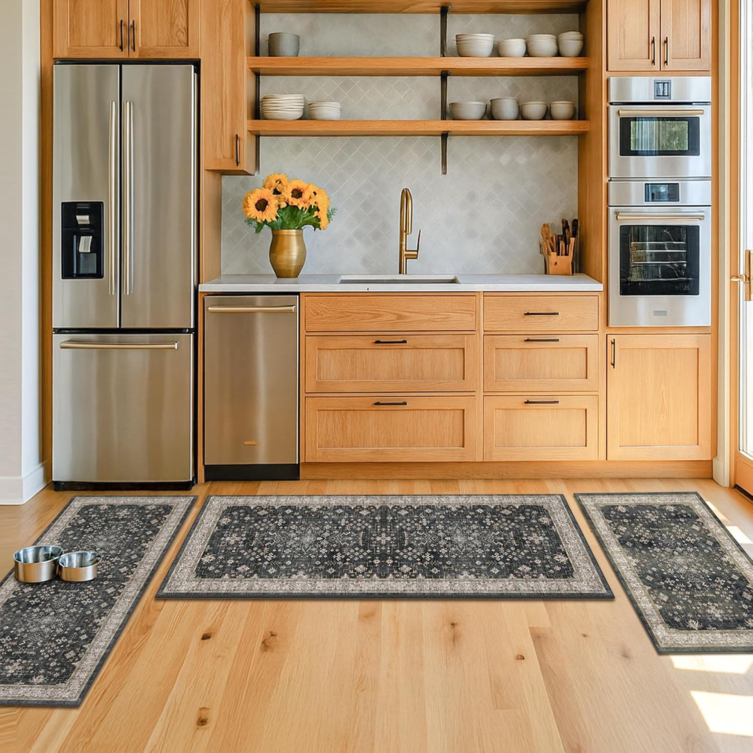Black Kitchen Rugs Set of 3, Non-Slip Washable Kitchen Floor Mats, Low-Pile Runner Rug for Sink, Entryway, Bathroom, Laundry Room, Bedroom, Vintage Farmhouse Design - Image 8