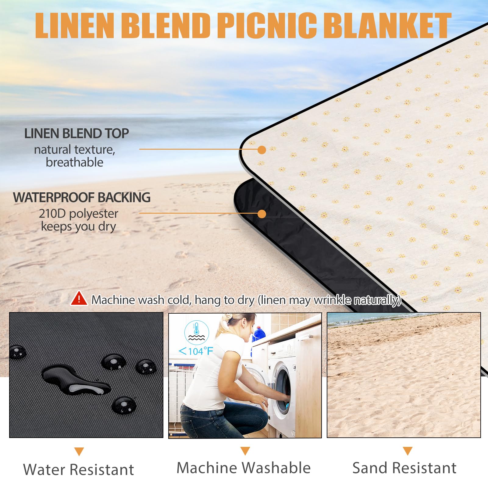 Picknickdeken, waterdicht, groot, strandmat, zandvrij, opvouwbaar, met draagriem, draagbaar, campingdeken, parkdeken voor graspark, wandelen, reizen, concerten, binnen (YellowFlower