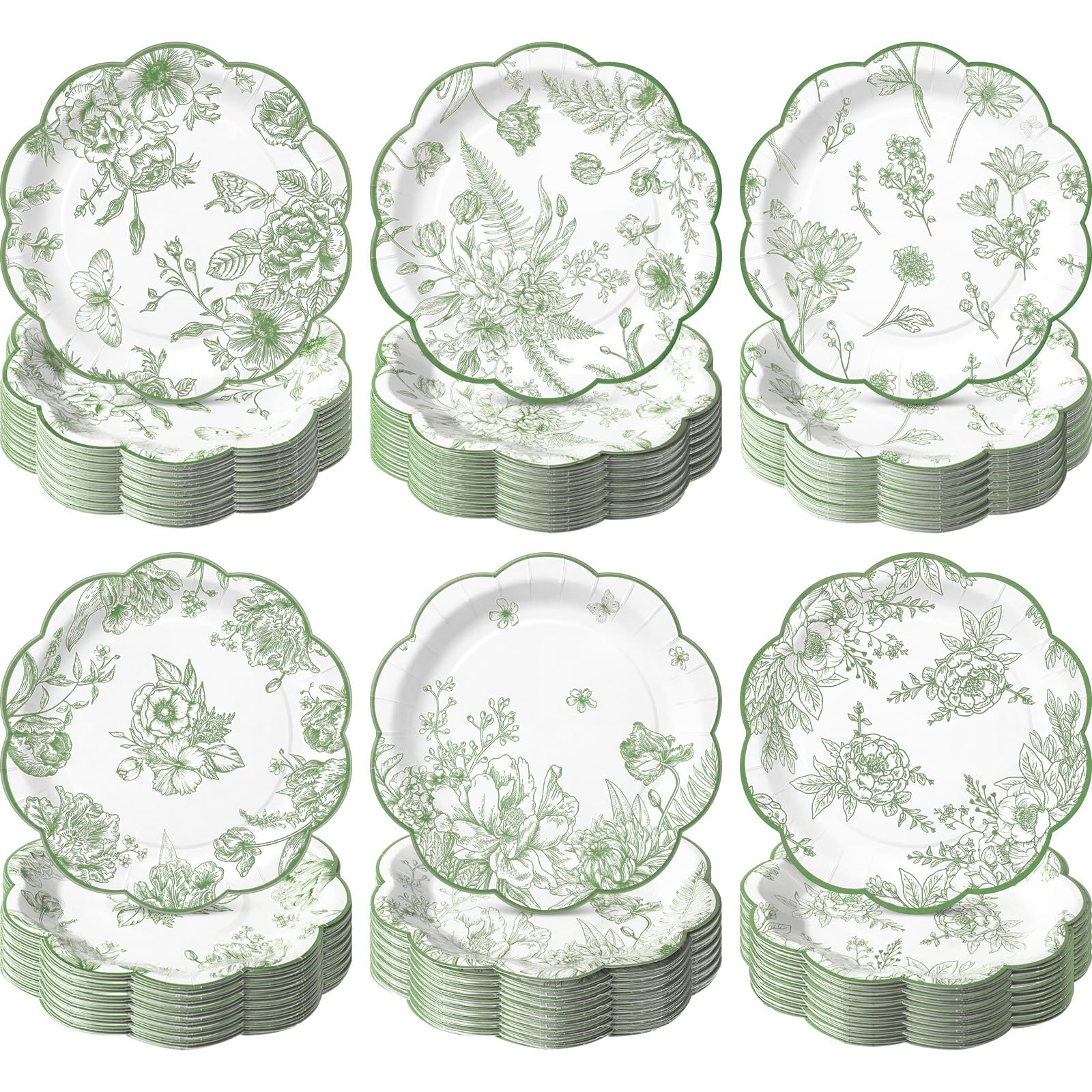 Funnymoom 60 Pcs 7" Sage Green Floral Party Plates Vintage Floral Leaf Disposable Paper Plates Green Toile Scalloped Dessert Plate for Spring Wedding Bridal Baby Shower Tea Party Decoration Supplies