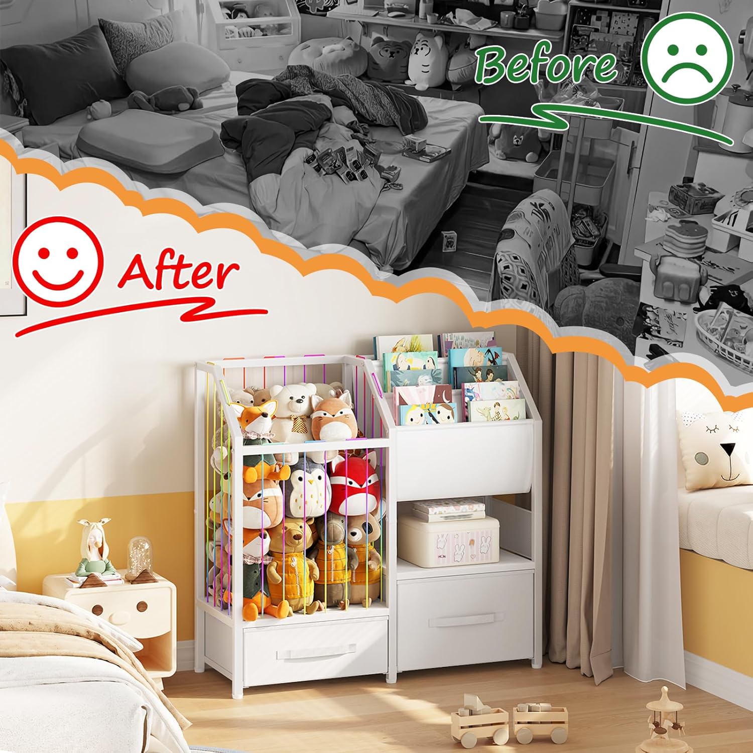 HOOBRO Kids Bookshelf and Toy Storage Organizer, Stuffed Animal Storage with Sling Bookshelf and Non-Woven Fabric Drawers, Children Bookcase for Nursery, Playroom, Kids Room, White WT37CW01