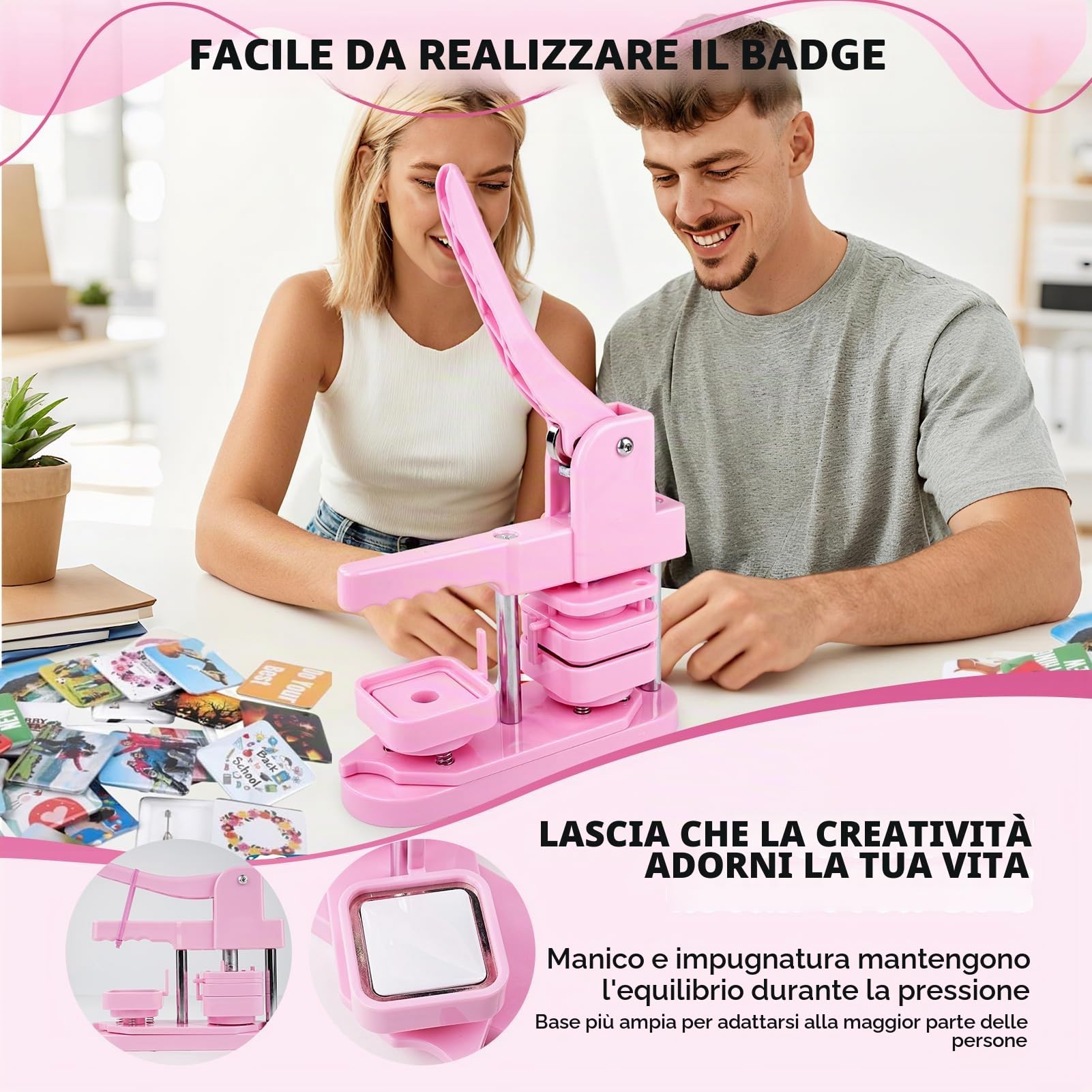 Button Maker Machine, 50 mm quadrato fai da te frigorifero Badge Maker personalizzato stampa kit con 100 pezzi di bottoni per regali Pin Maker, rosa