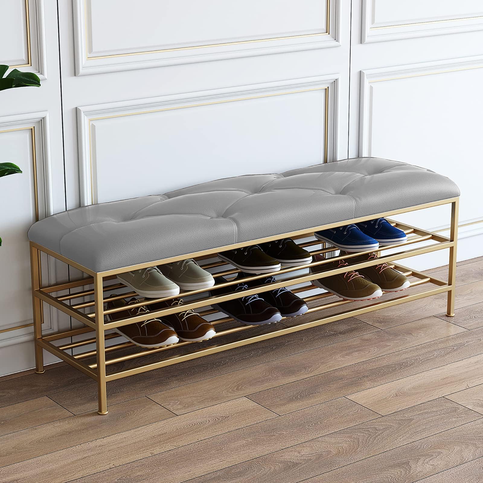 MYUYEE Entryway Bench With Golden Shoe Shelf, Modern Shoe Bench Shoe Orga Faux Leather Bench Seat, Shoe Rack Bench Shoe Storage Bench(Grey-60X35X45Cm)