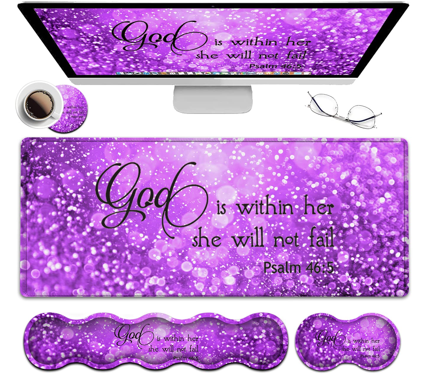 Gaming Mouse Pad XXL Large Desk Mat, Psalm 465 Bible Purple Extended Non-Slip Rubber Mice Pads Stitched Edges(31.5x11.8 in),Ergonomic Premium Memory Foam Keyboard Wrist Rest and Black Mouse Pad Set