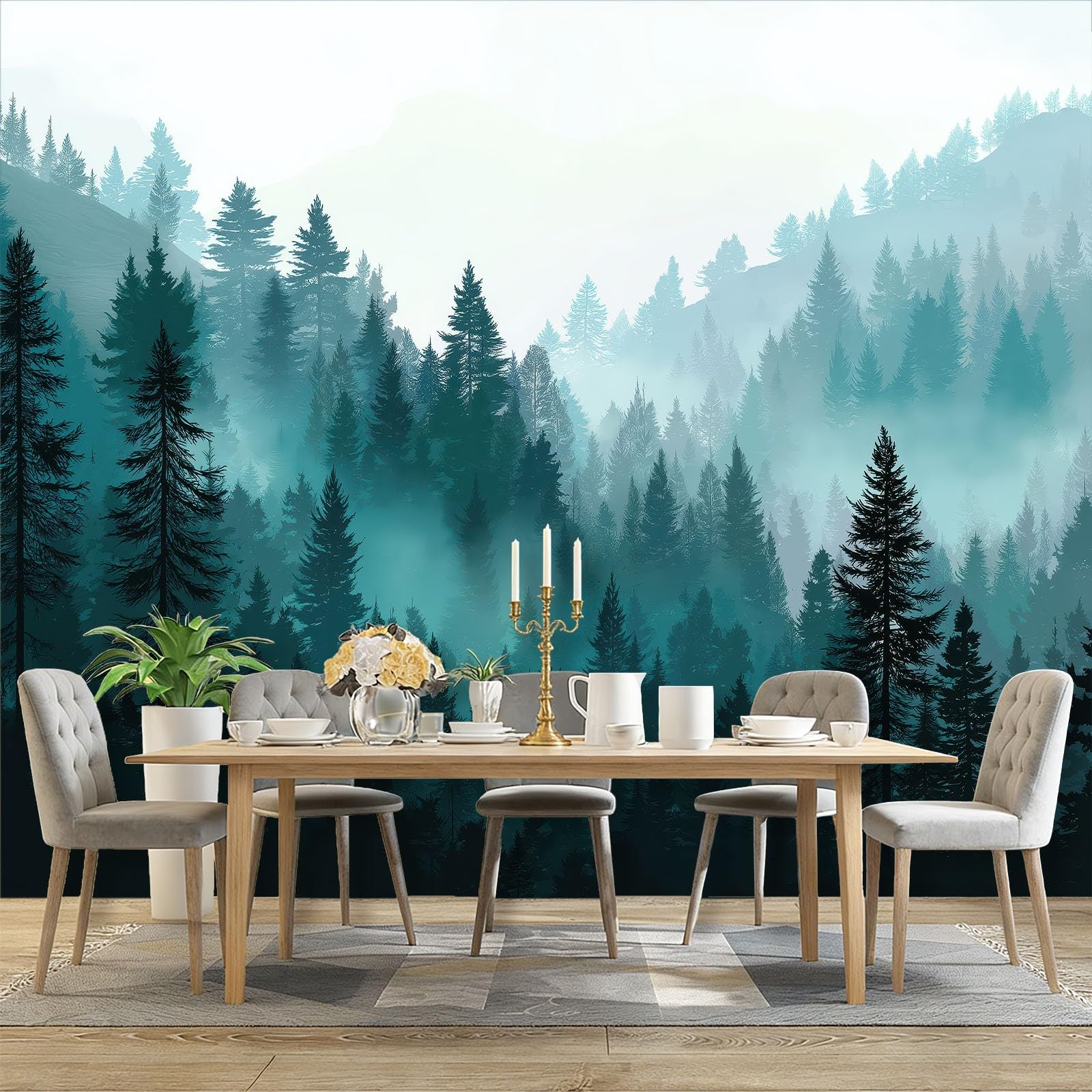 Fototapeta 300 x 210 cm ściany dekoracja salonu design naturalny krajobraz mgła las sosnowy do sypialni salonu tapeta z włókniny, niebieski