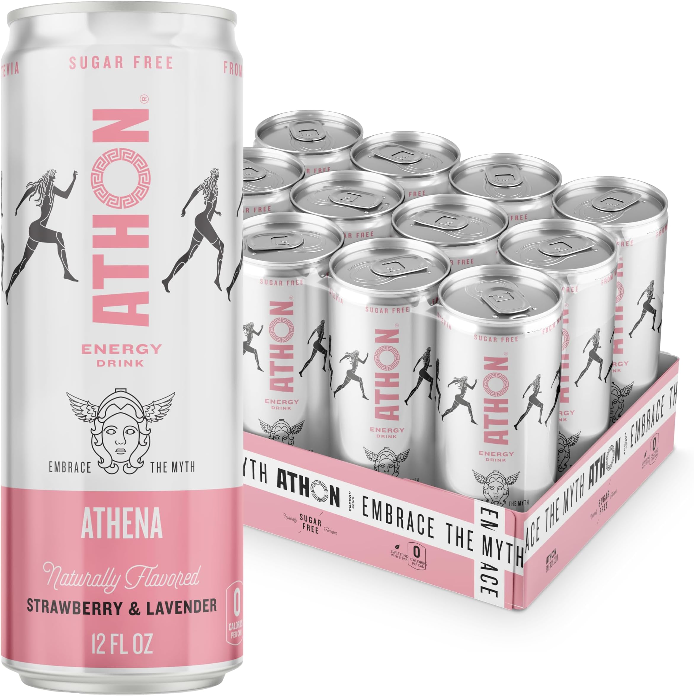 ATHON Natural Energy Drink: Athena Strawberry Lavender | Zero Calories | Naturally Sweetened | L-Theanine and B-Vitamins | 200mg Caffeine | 12 fl oz Cans (12 pack)