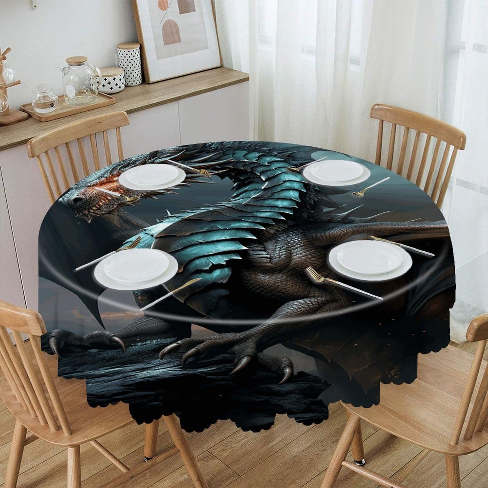 VstaDank Cool Dragon Round Tablecloth Premium Polyester Table Cloth Heavy Duty Washable Fabric Tablecloth Waterproof Holiday Table Cover Decorative Tablecloths for Dining 60"