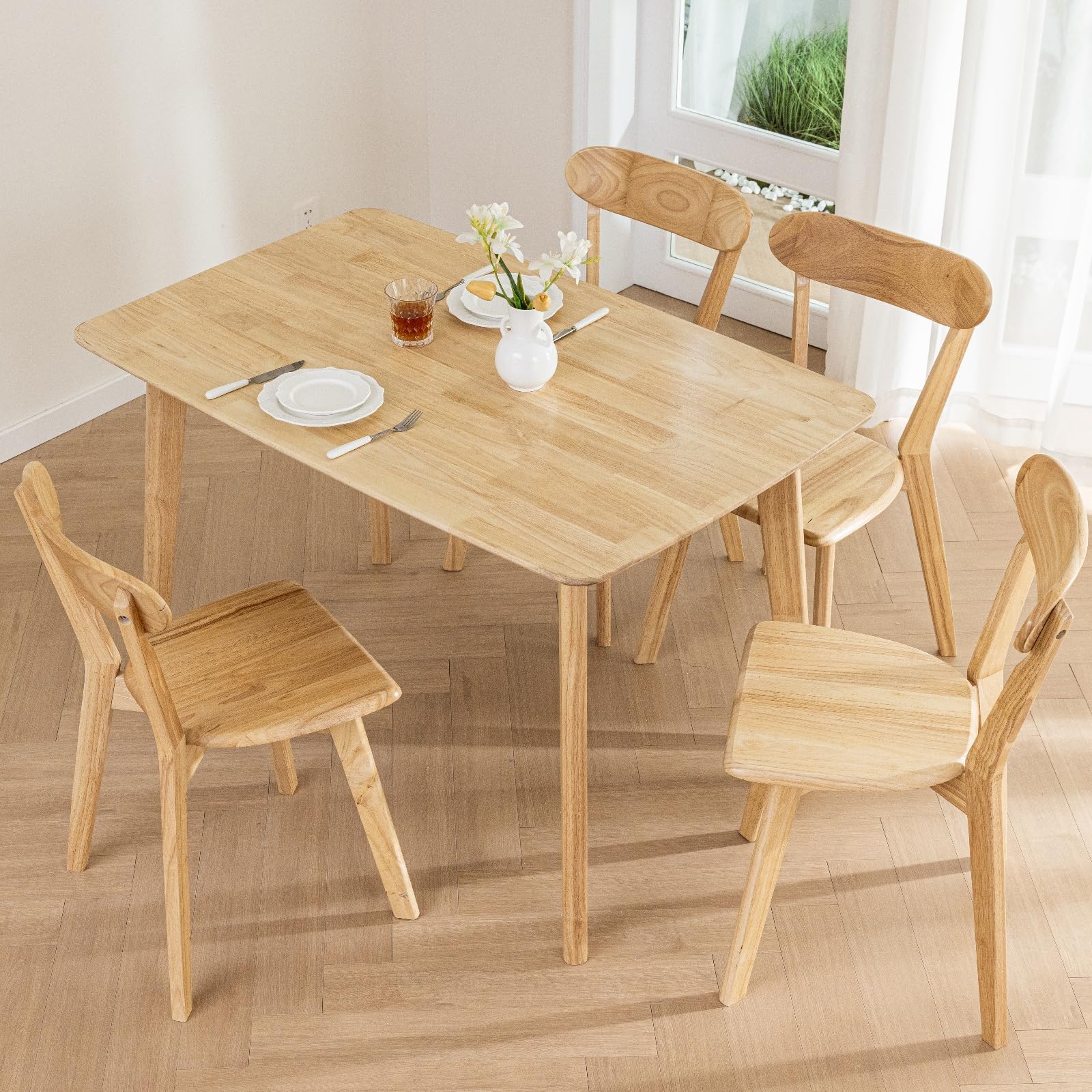 DELAVIN Sillas de Comedor de Madera Maciza Juego de 4 Sillas Sillas de Cocina Rústicas con Respaldo de Huso Sillas de Madera de Roble de Mediados de Siglo Natural