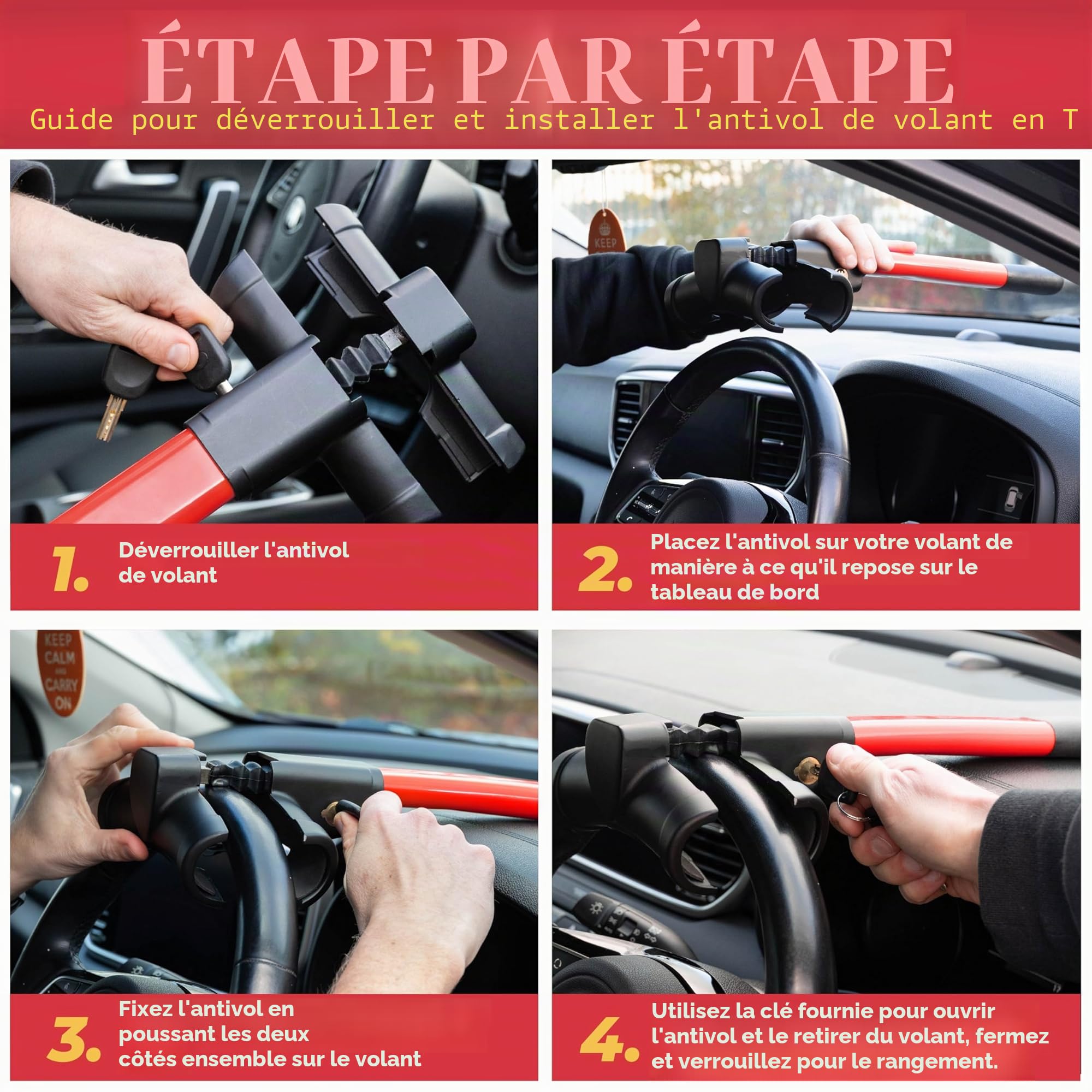 GADLANE Verrou de volant en T rouge – Dispositif antivol de voiture haute visibilité – Verrouillage de direction de voiture adapté à la sécurité de voiture pour voiture, van et caravane, 2 clés –