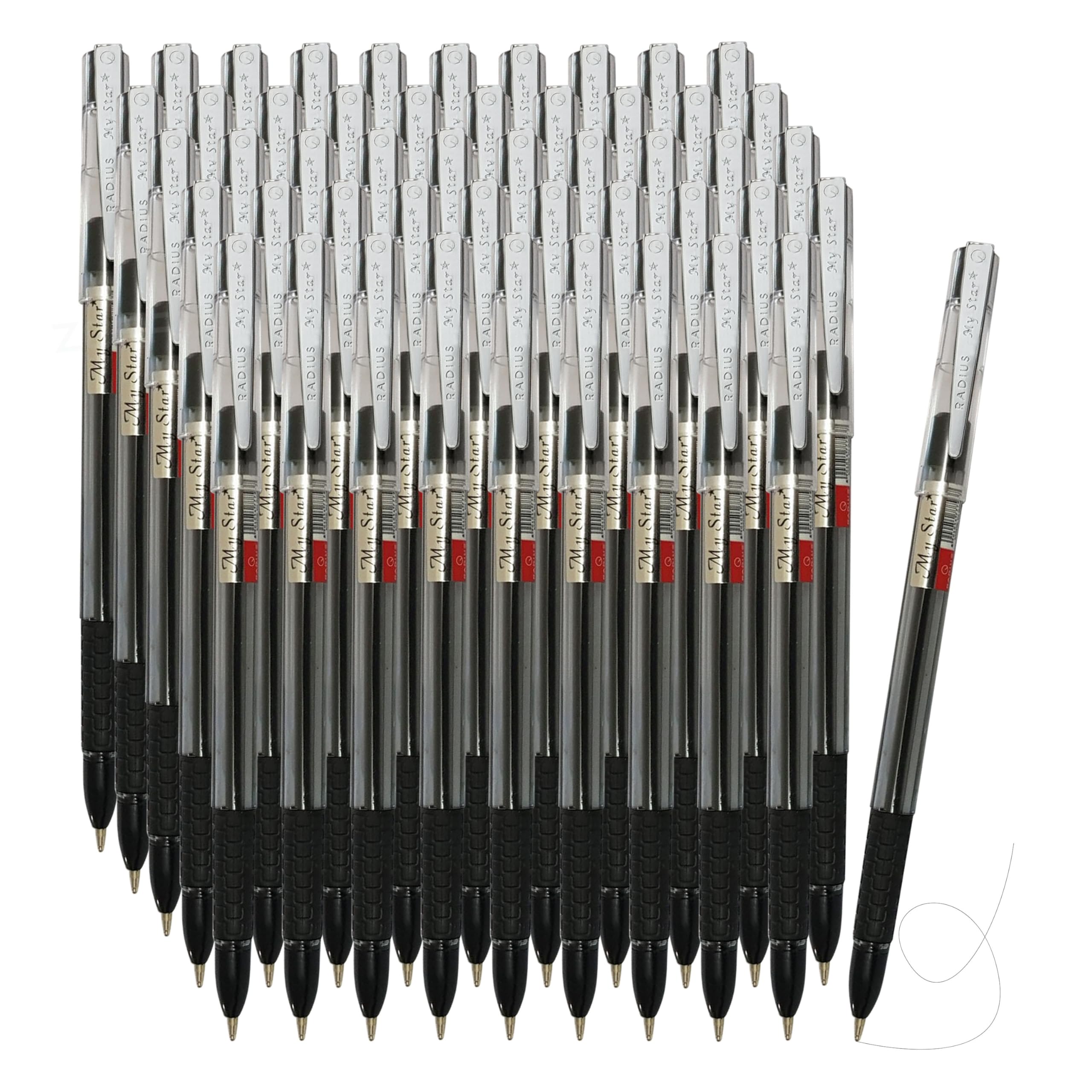 RADIUS My Star Ballpoint Pens, BLACK, 1.0mm Medium Point, Pack of 50, Rubber Grip, Smooth Ball Pens, Perfect for School Office Home Everyday Writing Pens