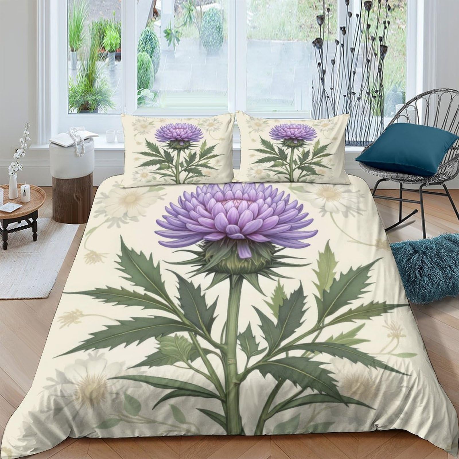 Ctjqhvkz Style-8 3D Printed Purple Thistle Fitted Sheet Microfiber Soft Botanical Art Mattress Cover For Bedroom Dorm Guest Room Decor Single（135X200cm）