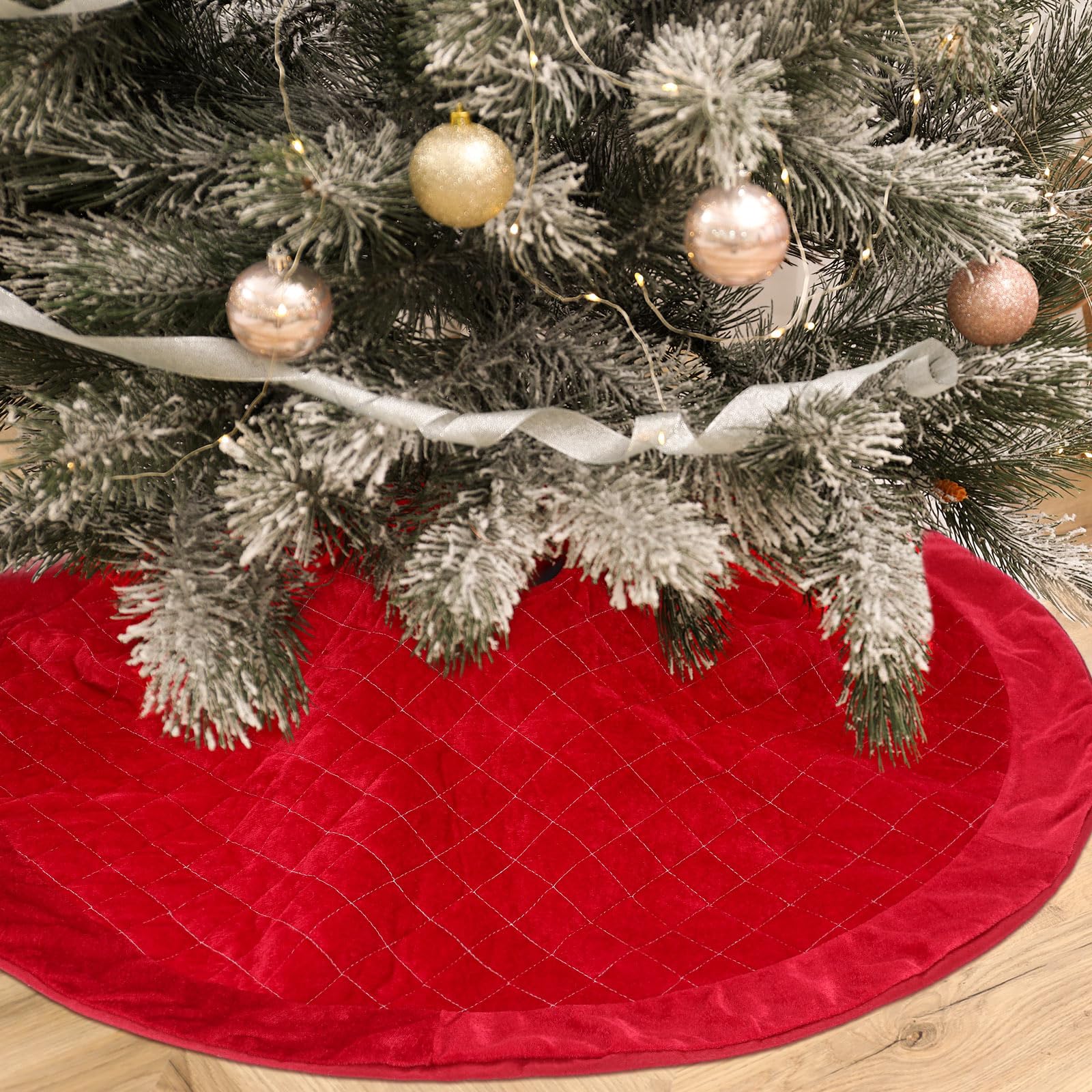 Outus Gonna per albero di Natale, 91 cm, in velluto rosso, lussuosa, in peluche, con reticolo centrale, decorazioni natalizie, tappetino per albero di Natale, decorazione per interni ed esterni,