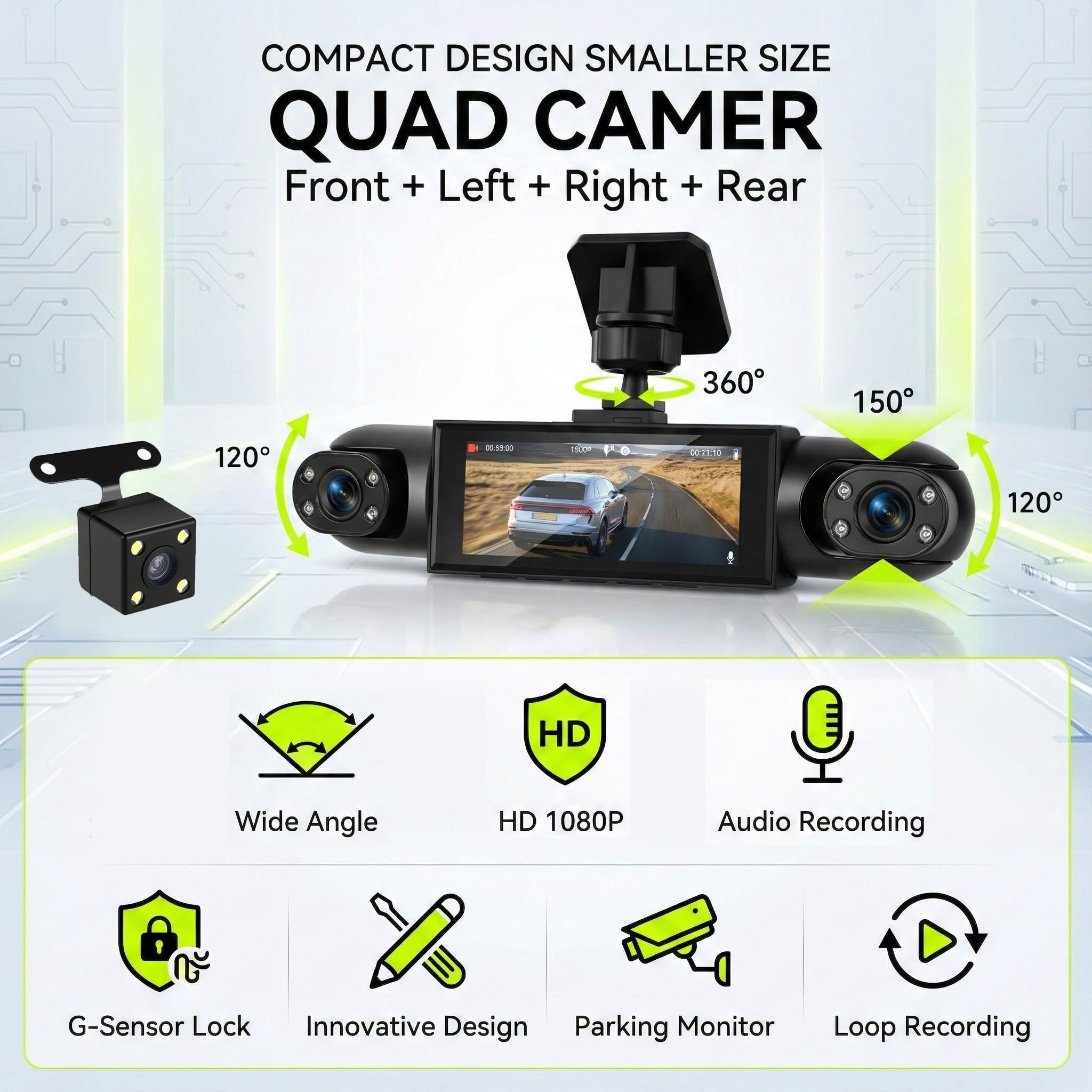 Rimoody 360° Dash Cam Auto 4 Canali, 4 Telecamera 1080P Anteriore e Posteriore Sinistra Destra, Visione Notturna, 3.16" Schermo, Registrazione Loop, Monitoraggio Parcheggio 24H, Assistenza Retromarcia