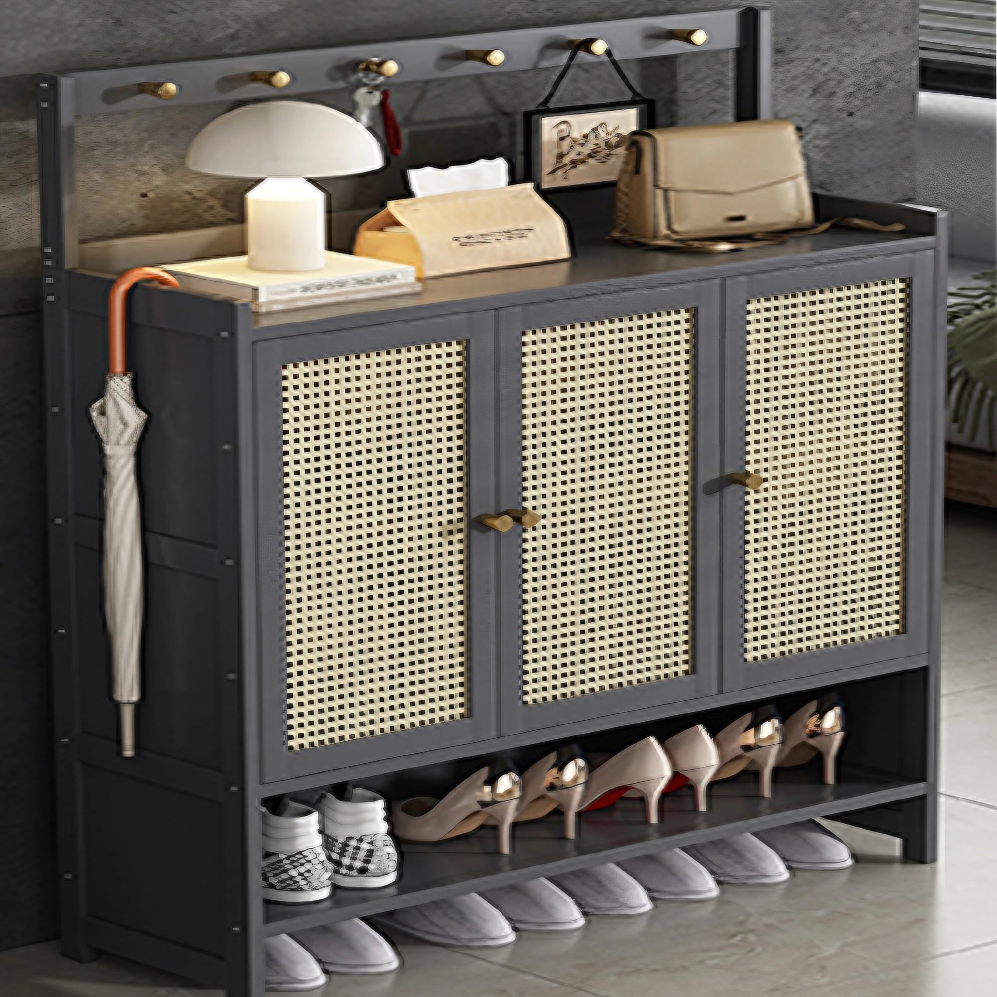 YSPZDQ Plastic Rattan Entryway Cabinet, Bamboo Shoe Storage with Hidden Compartment, Freestanding Shoe Rack with 1~4 Doors and Hooks (Grey, 98x32x131cm)