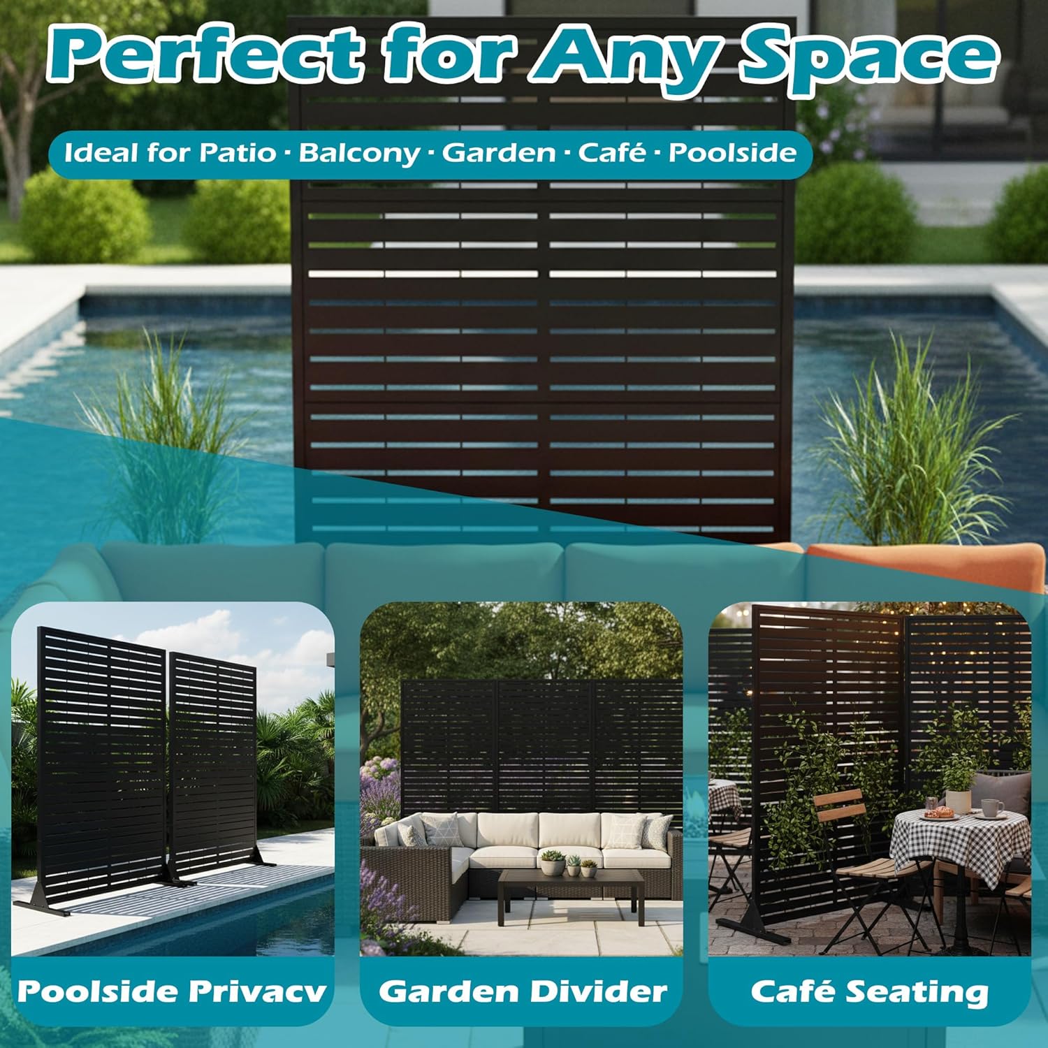 PROLEE Metal Privacy Screen 70.8" x 43.2", Outdoor Privacy Screen with Heavy Stable Base,Freestanding Patio Screens for Indoor Balcony Garden Backyard, Black