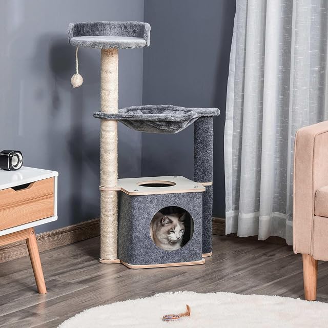 Foto 2 de 8 de PawHut Árbol Rascador para Gatos 48x34x95 cm Torre para Gatos con Hamaca Plataformas Cueva Extraíble Bola…