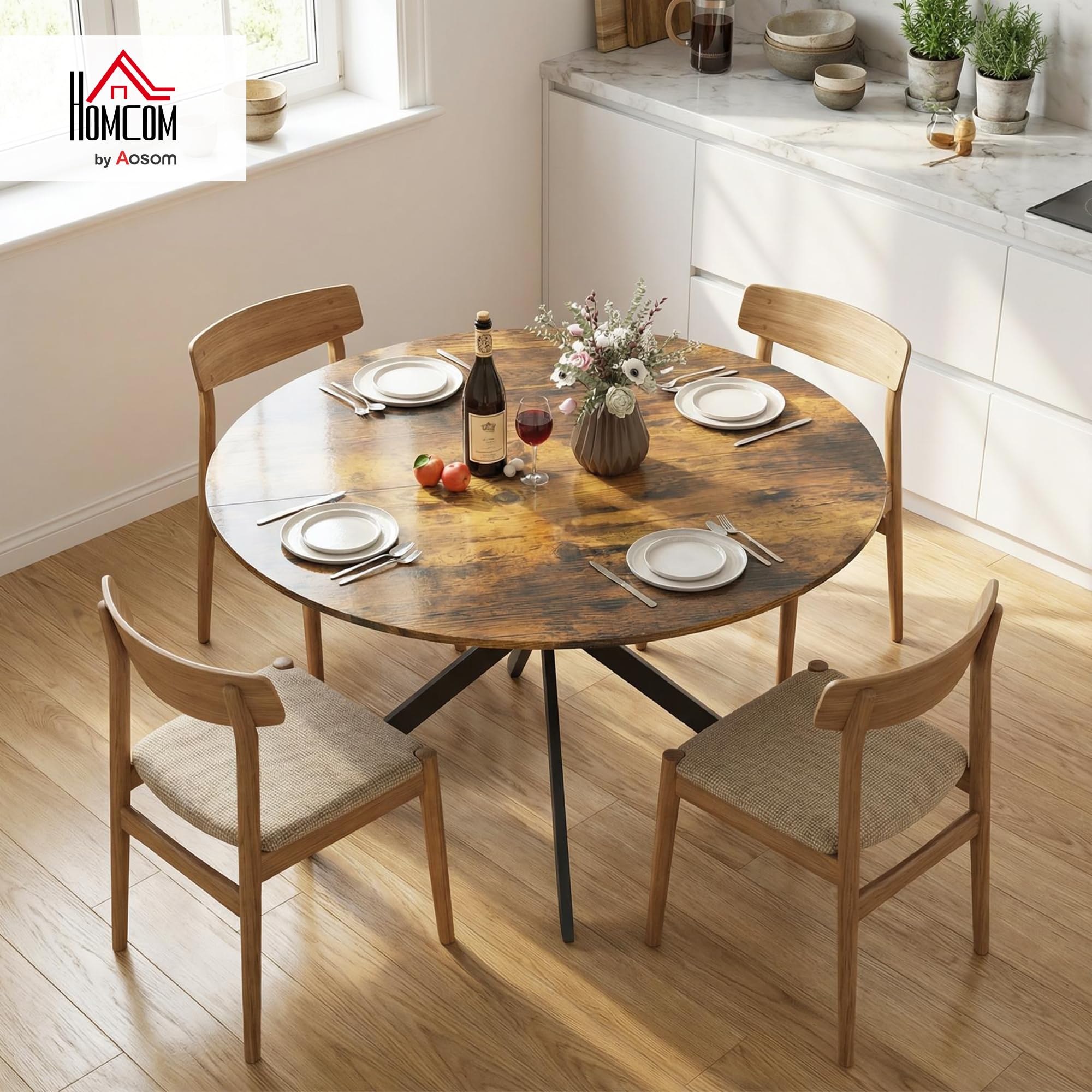 HOMCOM Table à Manger Industrielle pour 4, Ø 120 cm, Brun Rustique