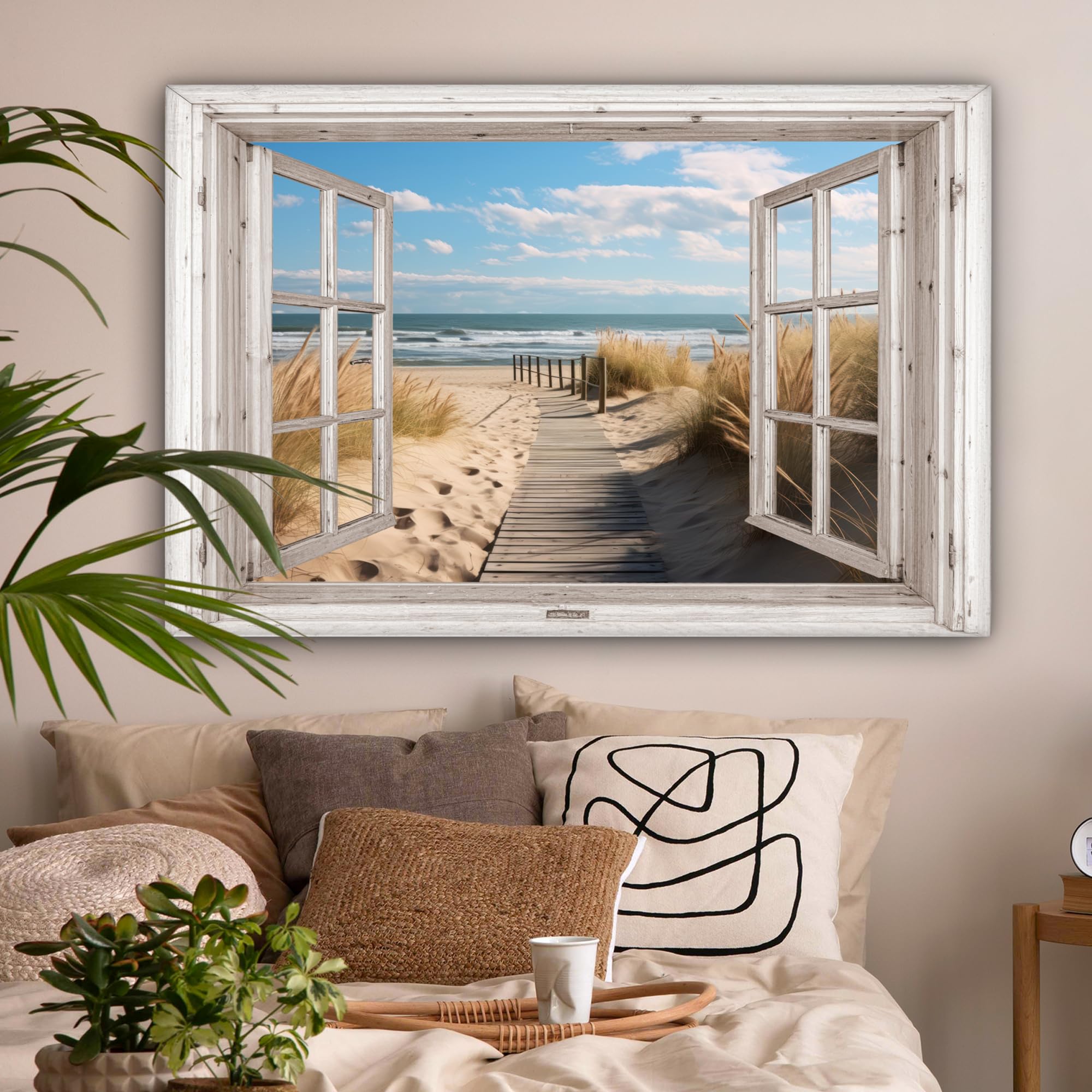 MuchoWow Cuadro En Lienzo - Ventana - Mar - Costa - Naturaleza - vista - Playa - Mar de Wadden - Cuadros Decoracion Salon Modernos 120x80 cm