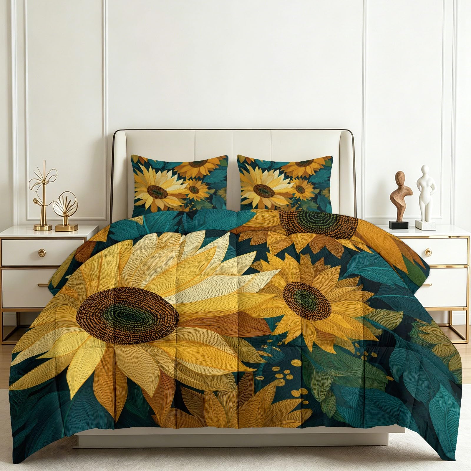 Set copripiumino trapuntato king size con semi di girasole, 7,5 Tog, reversibile, stile rustico, per tutte le stagioni, leggero, lavabile in lavatrice, 230 x 220 cm