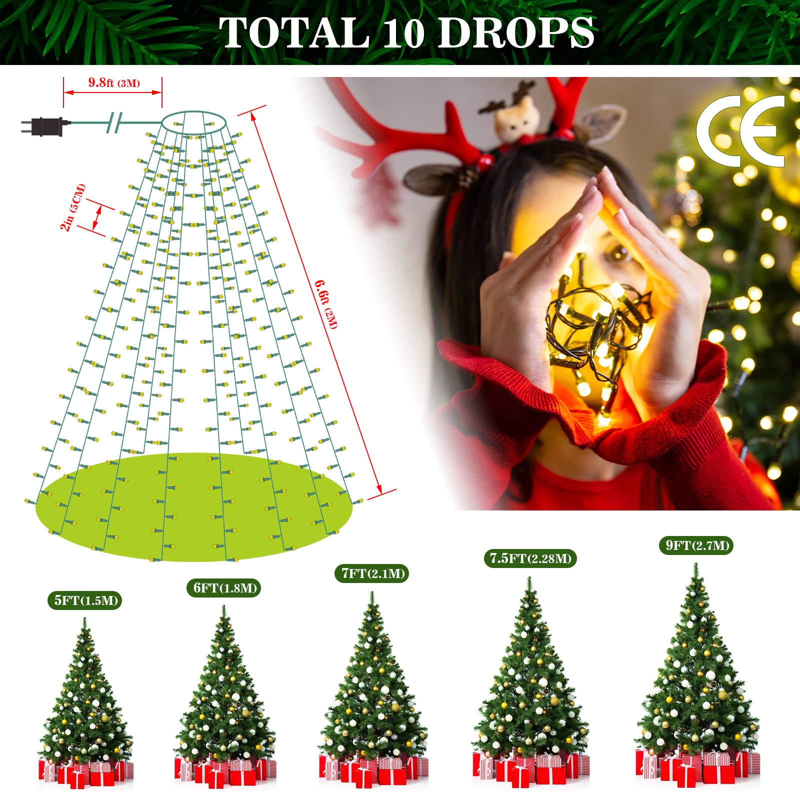 400LEDs 10 x 2m Guirlande Lumineuse Sapin de Noel Avec Diamant, Guirlande Lumineuse Sapin Noël 8 Modes d'Eclairage Etanche IP44, Guirlande Sapin Lumineuse Pour Fête, Sapin Noel-Blanc Chaud