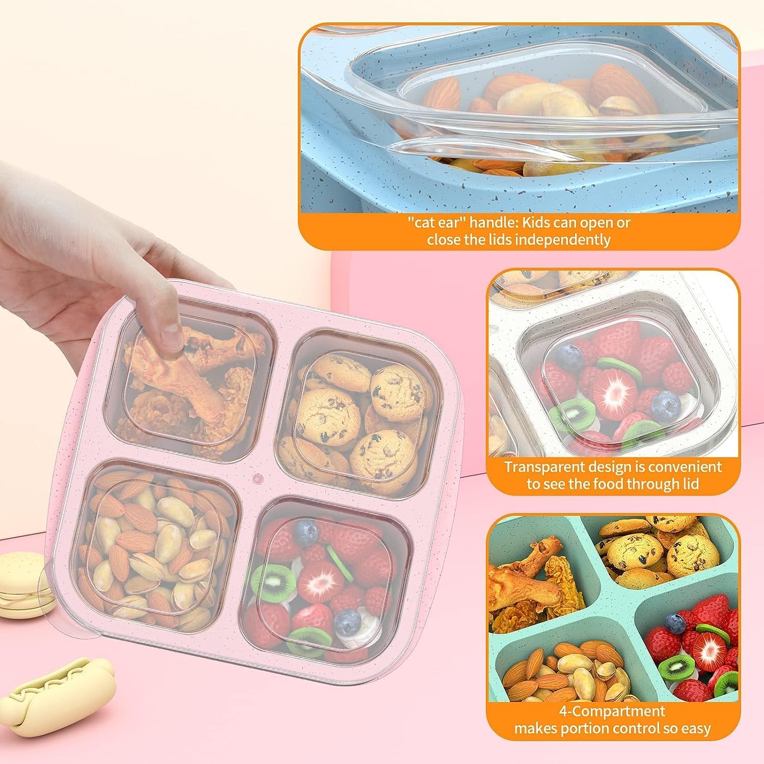 Bento Snack Boxes 4 Pack, Reusable Bento Boxes Kids with 4 Compartments & Fork, Lunch Snack Containers for Kids Adults, Divided Food Storage Containers for School Work Travel (Wheat)